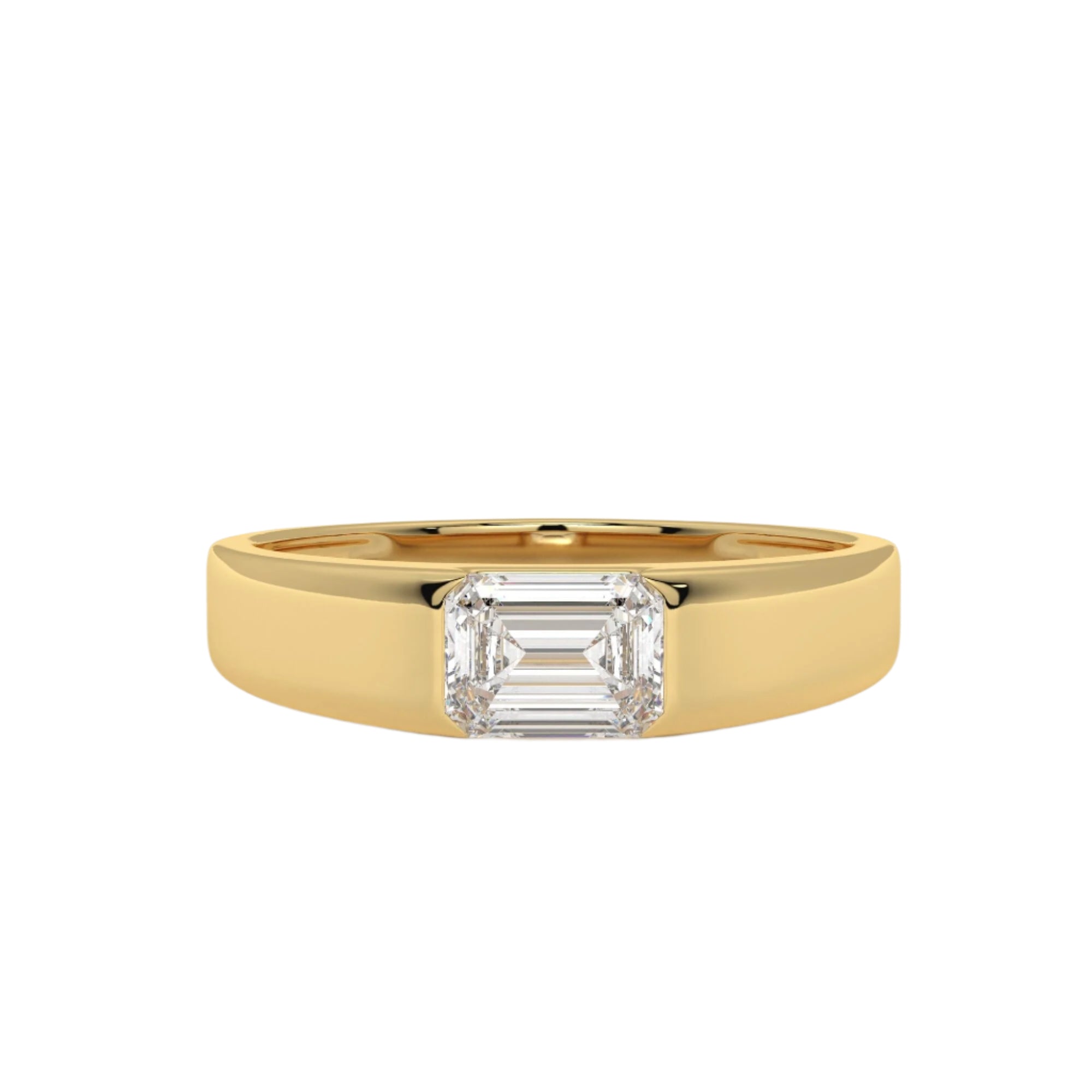 Front view of the MYZA IGI Certified Emerald Cut Lab-Grown Diamond Men’s Ring in 18K yellow gold, displaying the centered emerald-cut diamond with the band extending evenly on both sides. This classic men’s diamond ring highlights the bold solitaire design, perfect for modern gentlemen seeking timeless elegance.