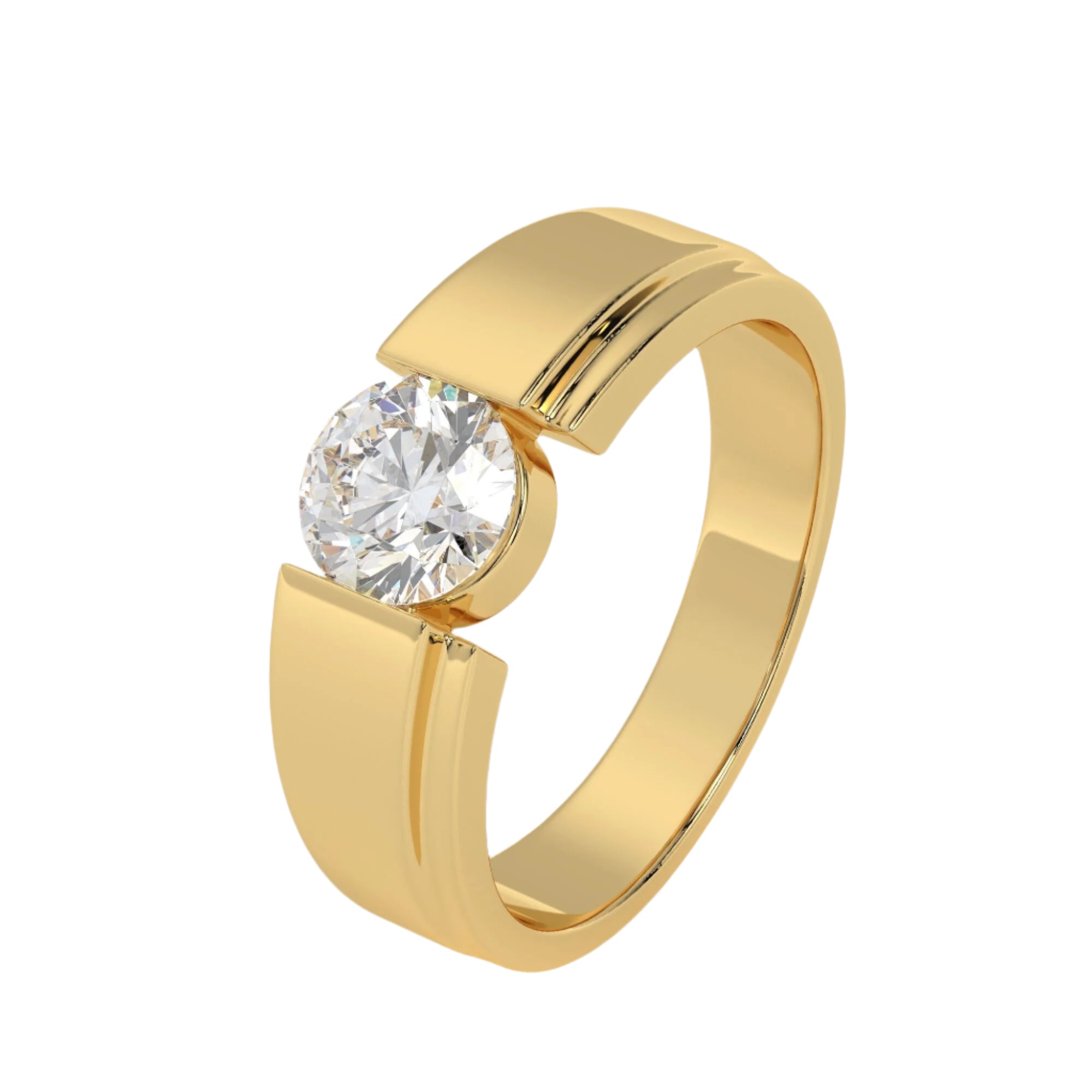 Angled side view of MYZA IGI Certified Lab-Grown Round Diamond Men’s Ring in 18K yellow gold, featuring a sleek band and a sparkling round diamond setting. This men’s diamond ring combines classic elegance with modern craftsmanship for a timeless look.