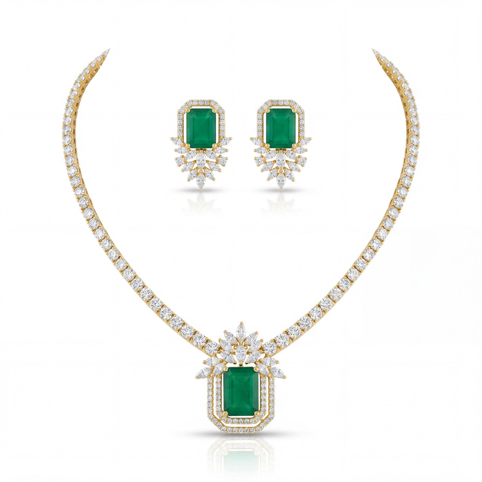 This 12 Carat MYZA high-jewelry set is an architectural triumph, blending the bold, clean lines of traditional emerald cutting with the intricate sparkle of a modern diamond medley.