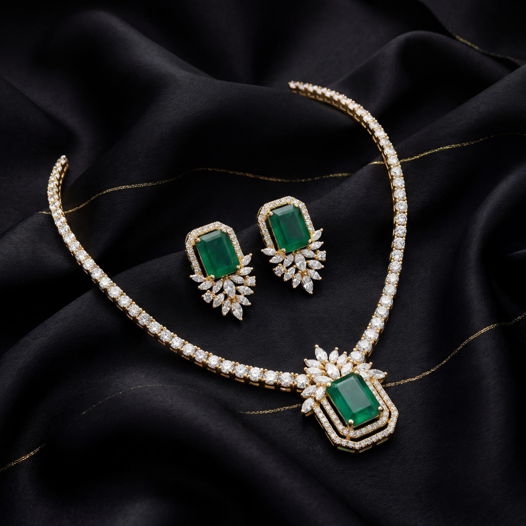 This 12 Carat MYZA high-jewelry set is an architectural triumph, blending the bold, clean lines of traditional emerald cutting with the intricate sparkle of a modern diamond medley.
