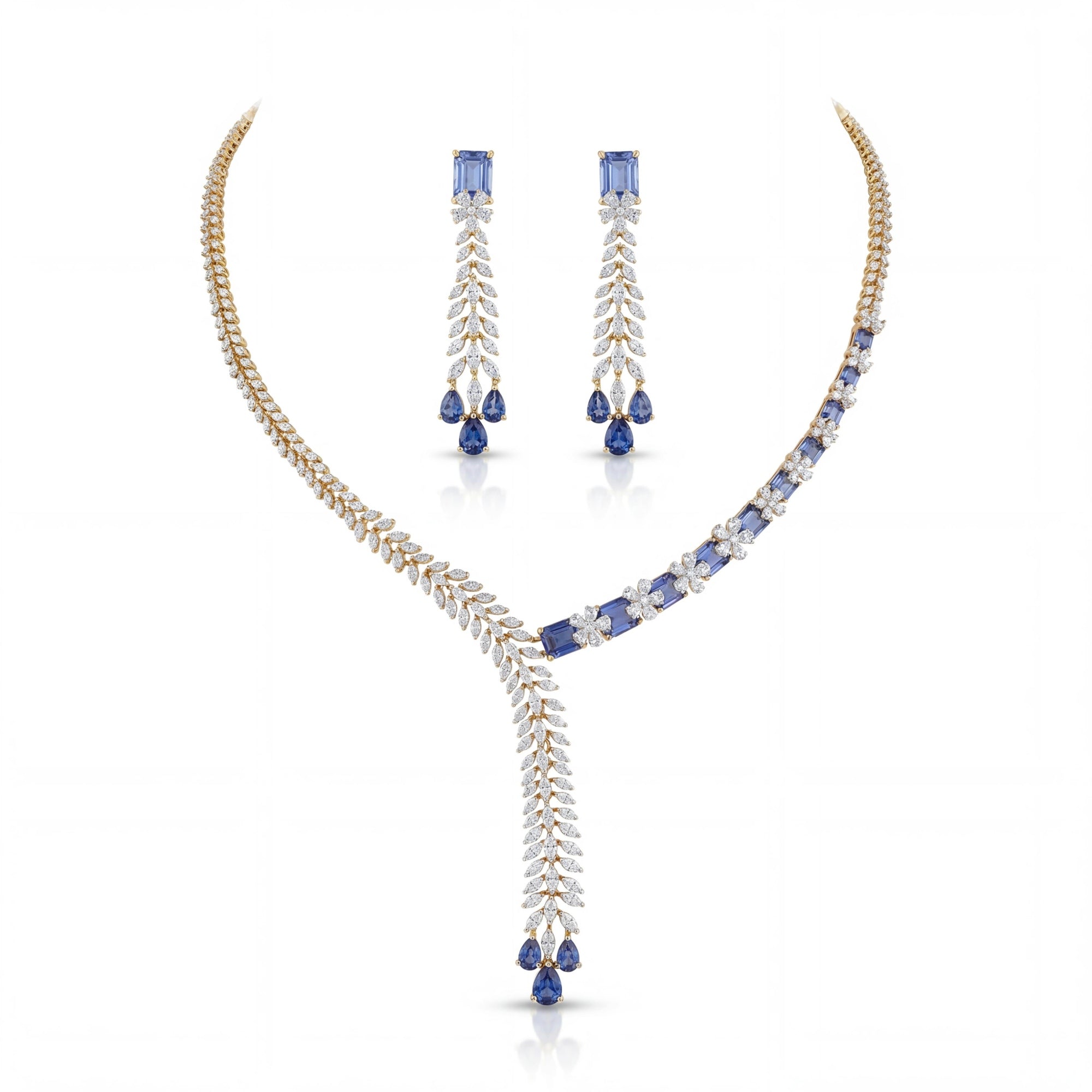 This 12 Carat MYZA set is an exquisite exploration of color theory and asymmetrical design. By blending the calm, regal blue of sapphires with a dynamic mix of diamond shapes, it creates a look that is both avant-garde and timeless.