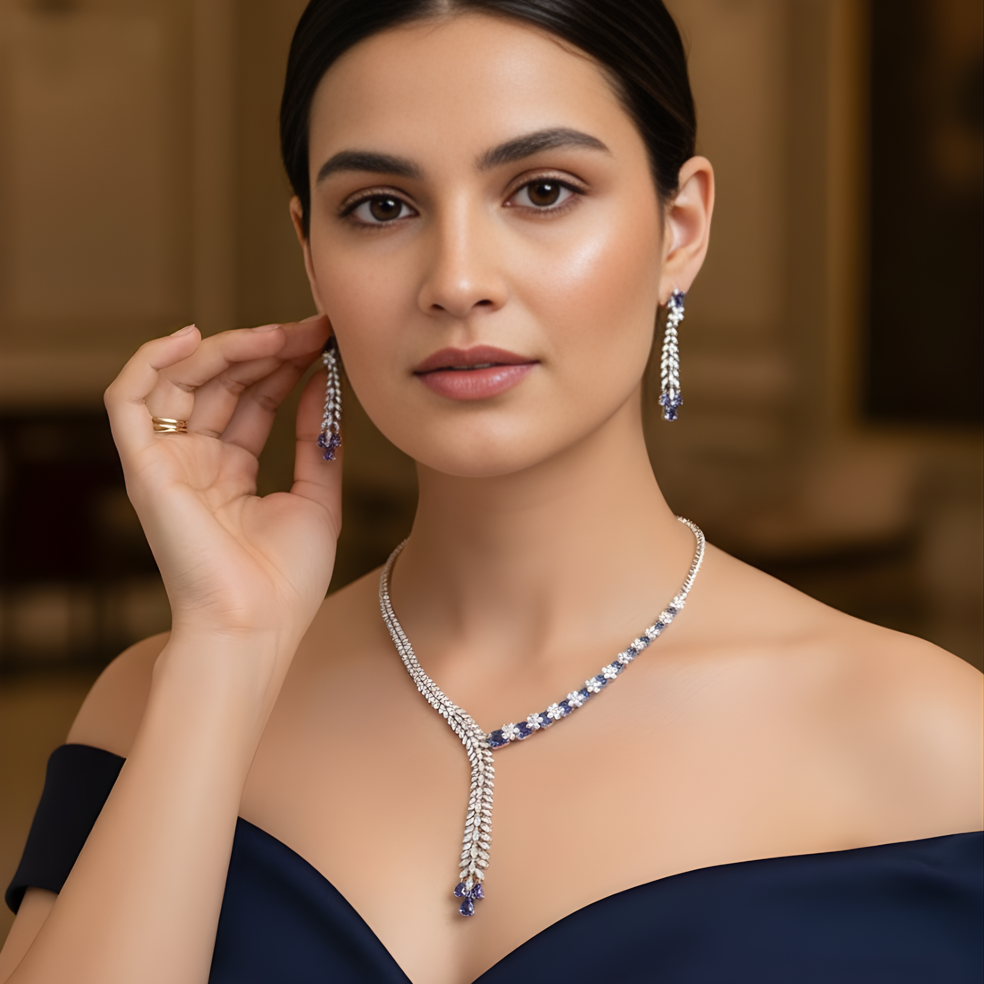 This 12 Carat MYZA set is an exquisite exploration of color theory and asymmetrical design. By blending the calm, regal blue of sapphires with a dynamic mix of diamond shapes, it creates a look that is both avant-garde and timeless.