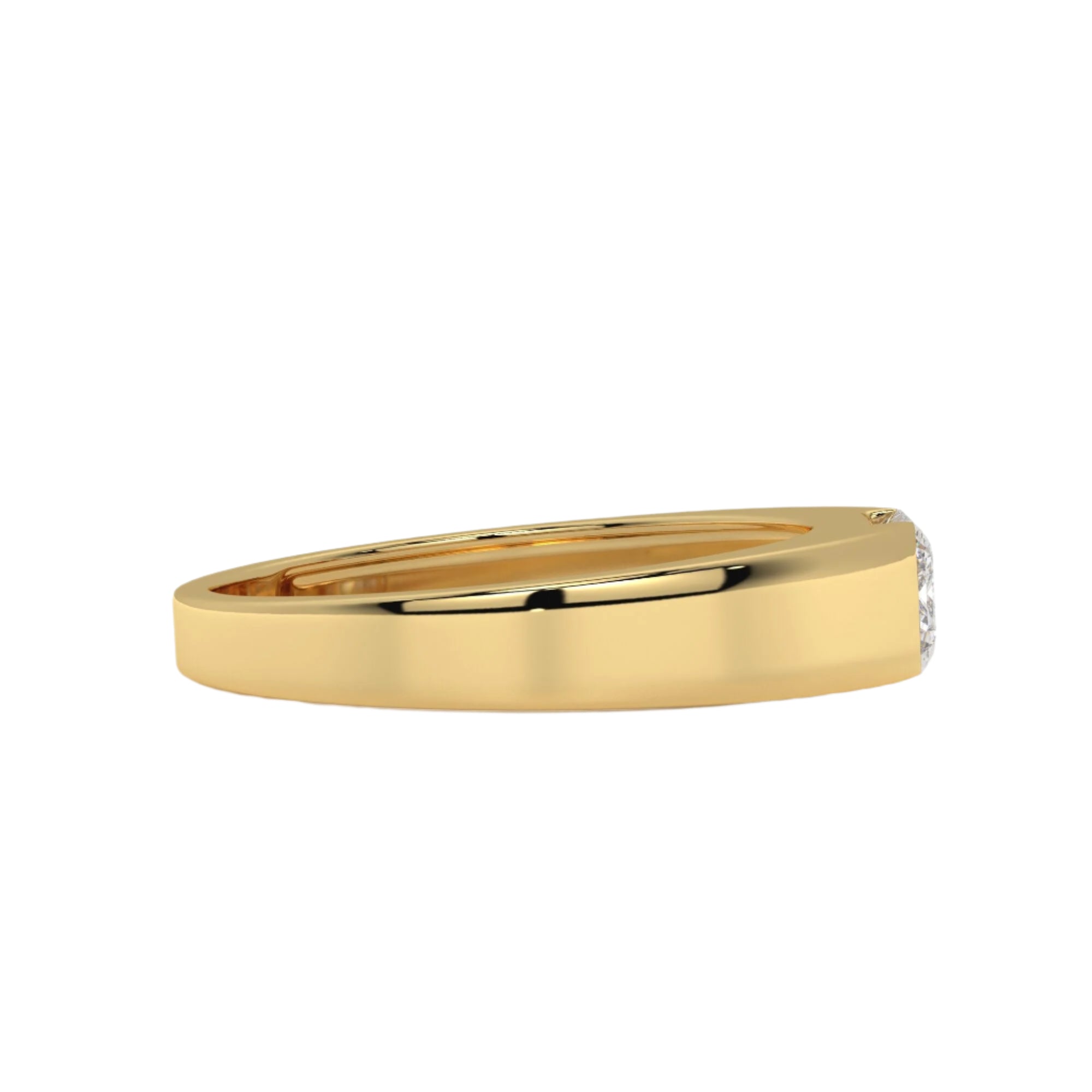 Side profile view of the MYZA IGI Certified Emerald Cut Lab-Grown Diamond Men’s Ring in 18K yellow gold, showcasing the band’s thickness and the secure emerald-cut diamond setting. This men’s diamond ring design combines durability with sophisticated style, perfect for everyday wear or special occasions