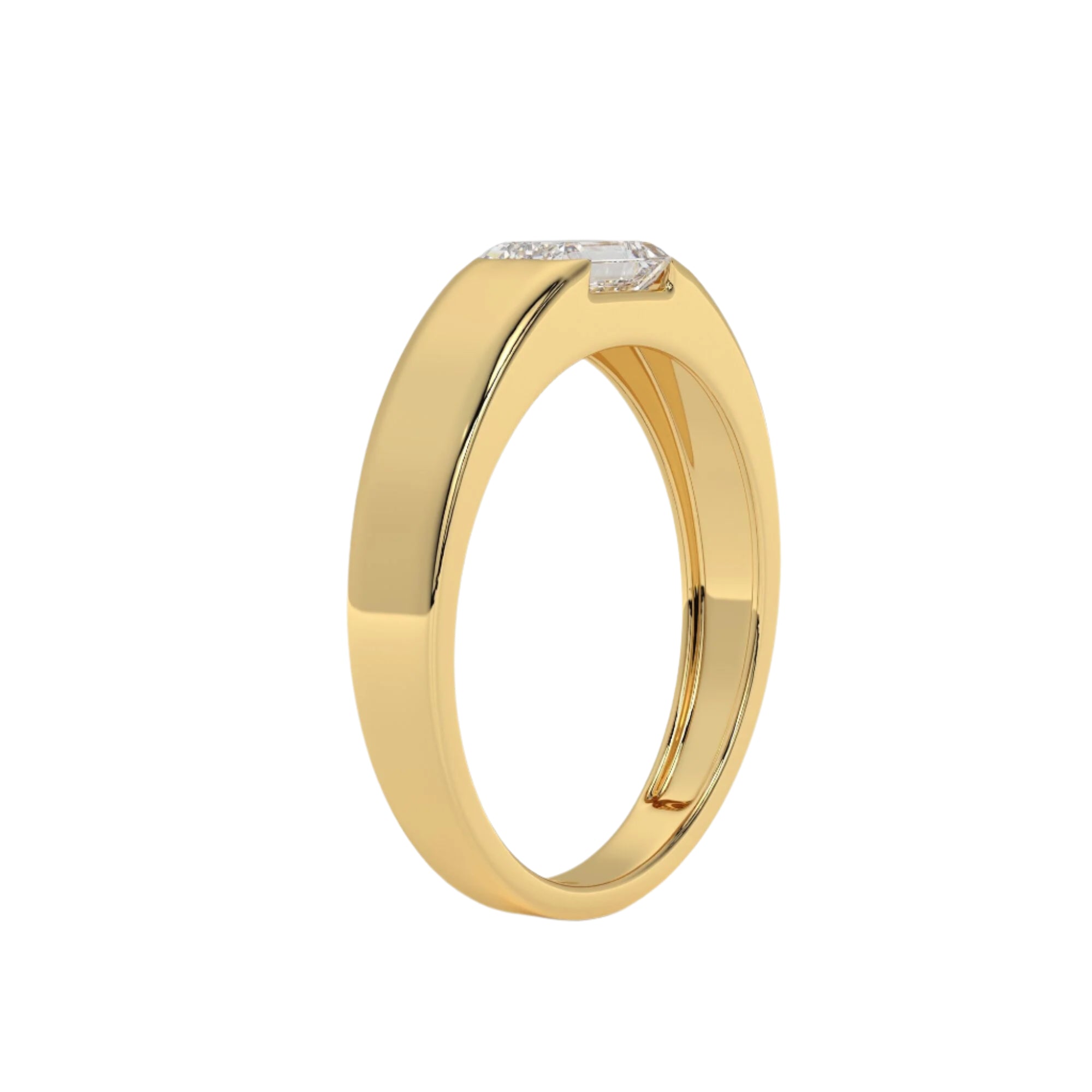 Straight-on top-down view of the MYZA IGI Certified Emerald Cut Lab-Grown Diamond Men’s Ring in 18K yellow gold, showcasing the detailed emerald-cut diamond and the refined band design. This clear perspective emphasizes the craftsmanship of this elegant men’s diamond solitaire ring, ideal for those looking for a modern yet classic style.