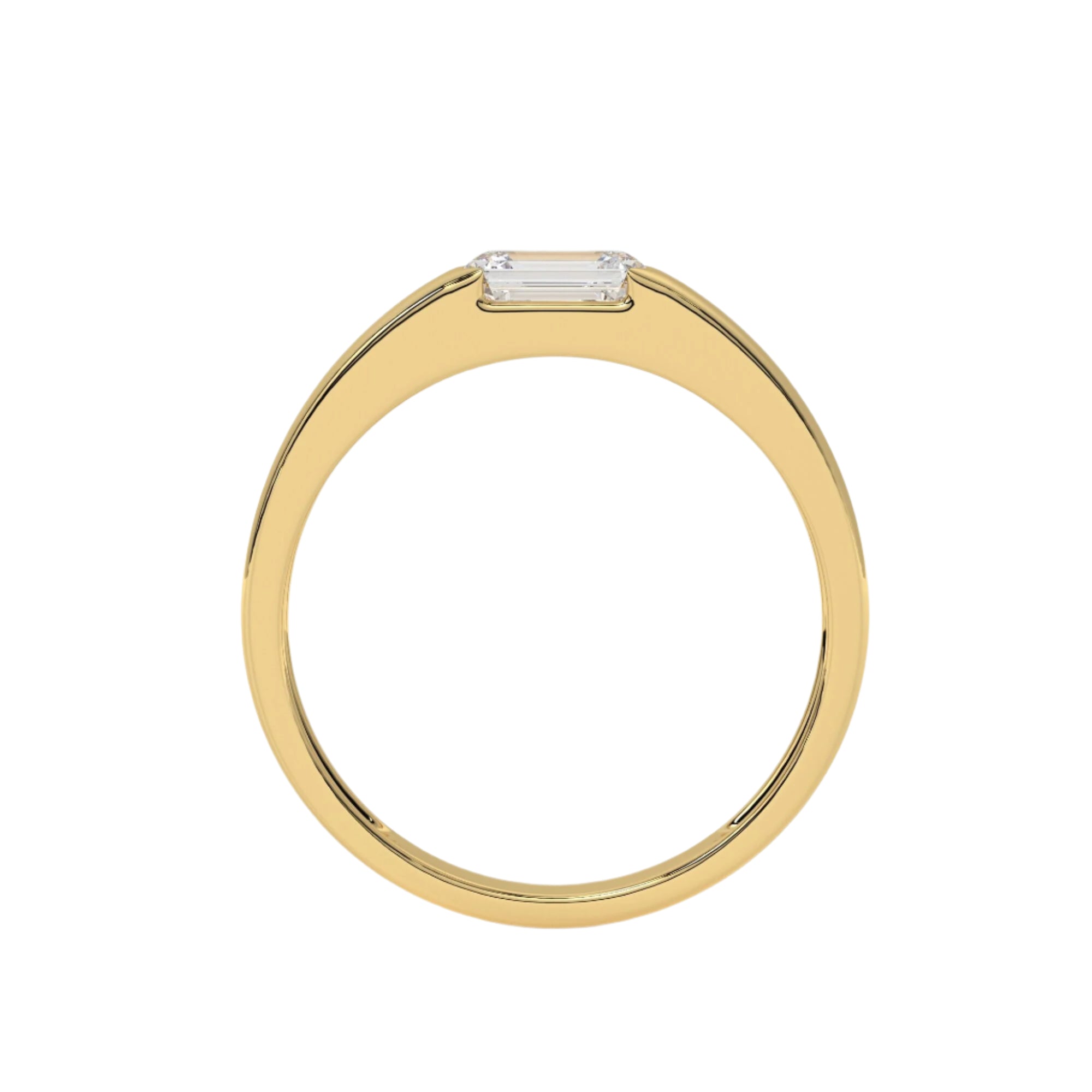 Top-down view of MYZA IGI Certified Emerald Cut Lab-Grown Diamond Men’s Ring in 18K yellow gold, highlighting the precise emerald-cut diamond setting and the smooth, polished band shape. This straight-on perspective captures the elegant design details, perfect for those seeking a sophisticated men’s diamond ring with timeless style