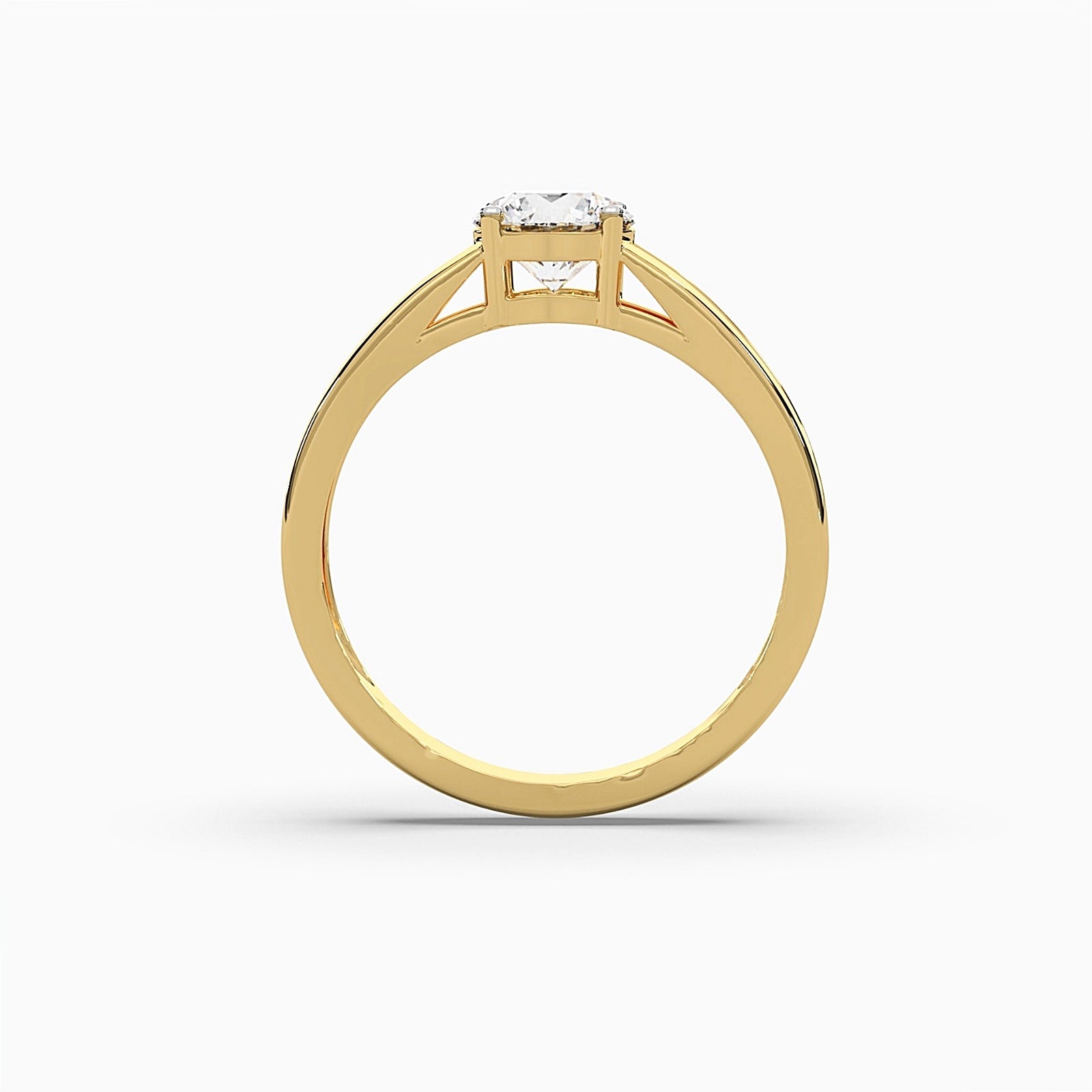 Top front view of MYZA’s 1-carat dual band ring with IGI certified lab-grown diamonds set in 18K hallmark gold. This angle highlights the elegant symmetry of the dual bands and the sparkling brilliance of the lab-grown diamonds, showcasing the ring’s sophisticated design and sustainable luxury.