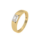 Angled side view of MYZA IGI Certified Emerald Cut Lab-Grown Diamond Men’s Ring in 18K yellow gold, showcasing the brilliant emerald-cut diamond and sleek men’s diamond ring design. The slight tilt reveals the finely crafted gold band and diamond setting, combining modern elegance with sustainable luxury for the discerning gentleman