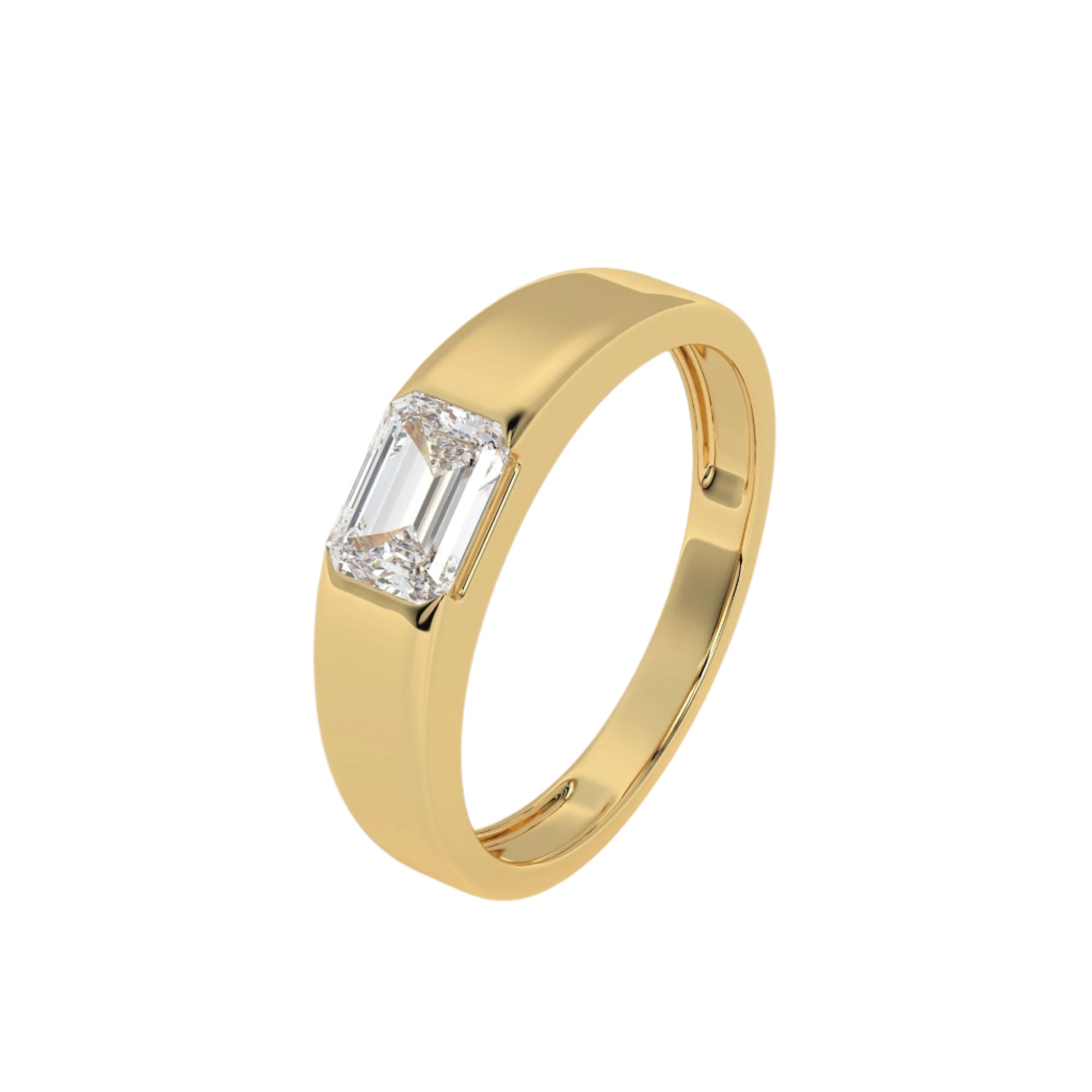 Angled side view of MYZA IGI Certified Emerald Cut Lab-Grown Diamond Men’s Ring in 18K yellow gold, showcasing the brilliant emerald-cut diamond and sleek men’s diamond ring design. The slight tilt reveals the finely crafted gold band and diamond setting, combining modern elegance with sustainable luxury for the discerning gentleman