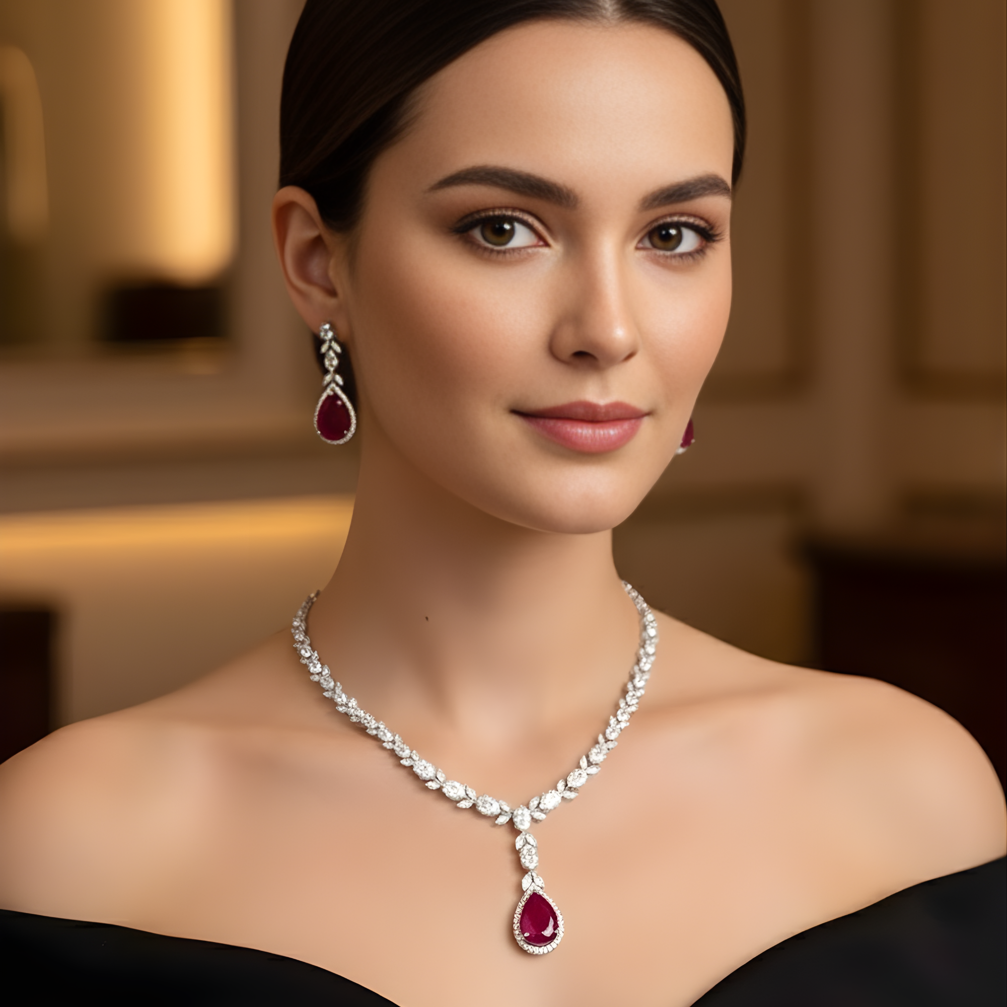 This 22 Carat MYZA set is a masterpiece of passionate color and refined geometry. By combining the deep, fiery allure of pear-cut rubies with a sophisticated mix of diamond shapes, this set creates a look of timeless majesty.