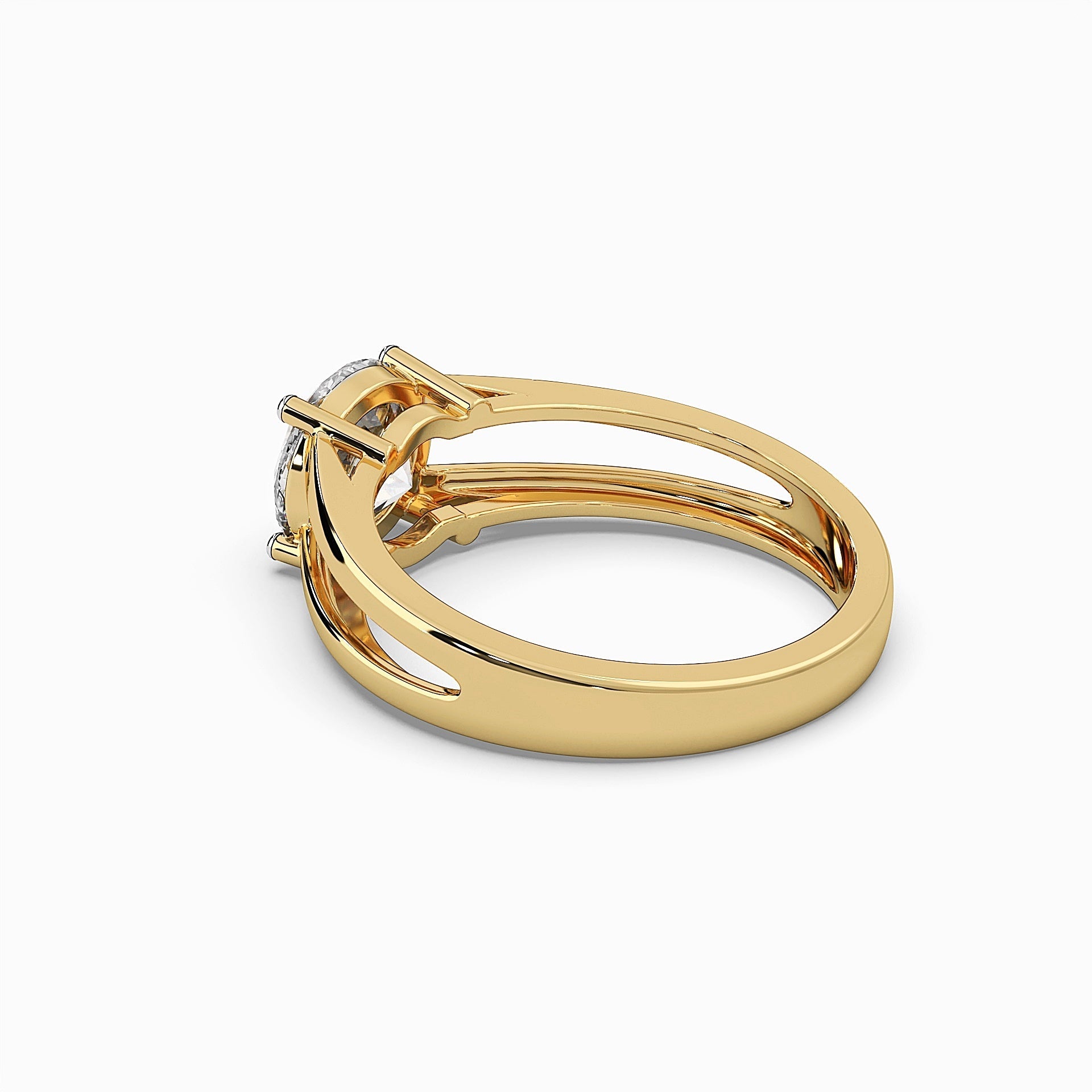 Side back view of MYZA’s 2-carat dual band ring with IGI certified lab-grown diamonds in 18K hallmark gold. This angle showcases the smooth and refined profile of the ring, emphasizing the seamless connection of the dual bands and the sustainable brilliance of the lab-grown diamonds.