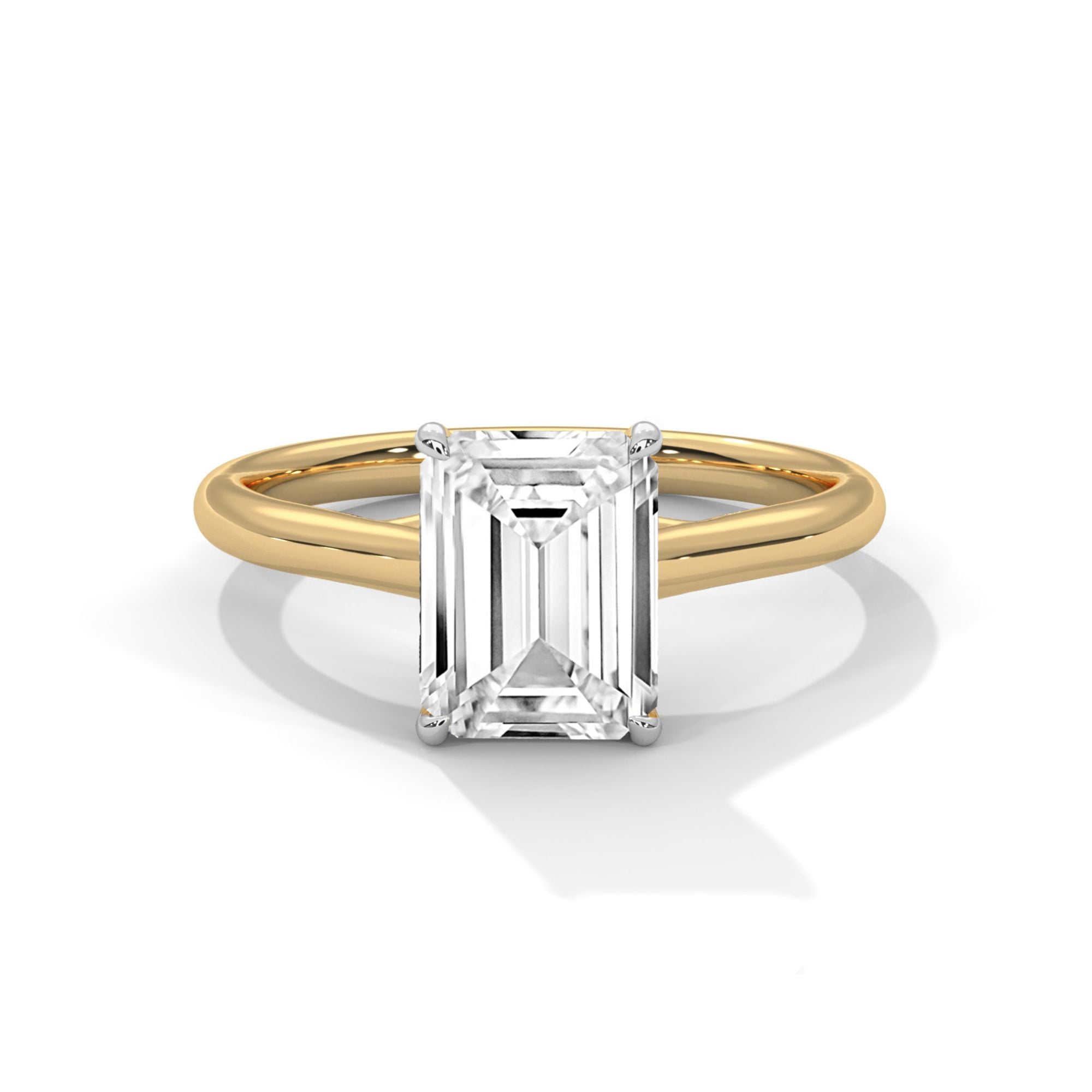 Front view of MYZA Diamonds' 2 carat emerald cut lab-grown diamond classic band ring in 18K hallmark gold. The exquisite design features a stunning lab-grown diamond, providing a sustainable and luxurious option for engagement or wedding rings.