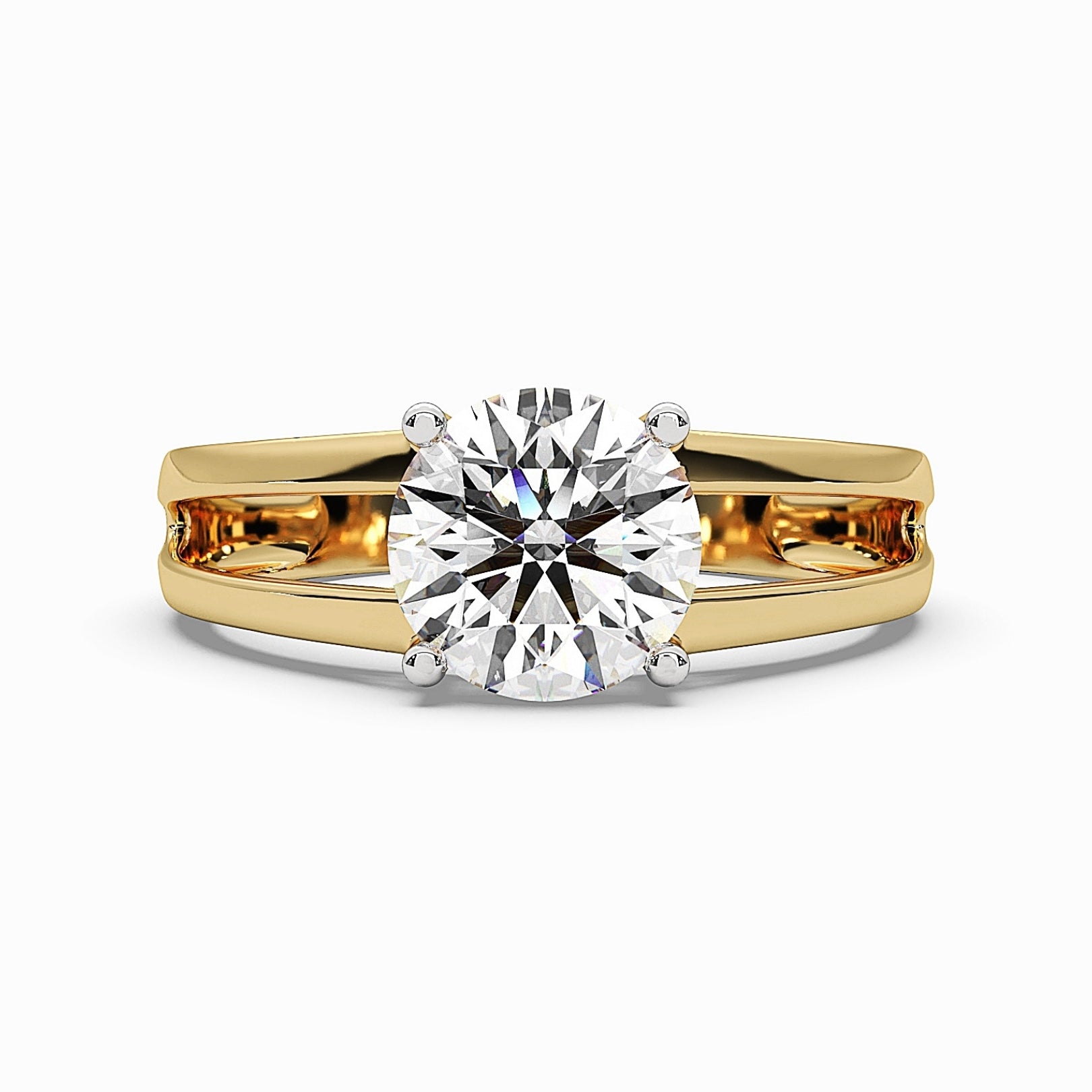 Front view of MYZA’s 2-carat dual band ring with IGI certified lab-grown diamonds in 18K hallmark gold. This angle showcases the elegant dual-band design, highlighting the brilliant sparkle of the lab-grown diamonds and the luxurious, sustainable craftsmanship of the ring.