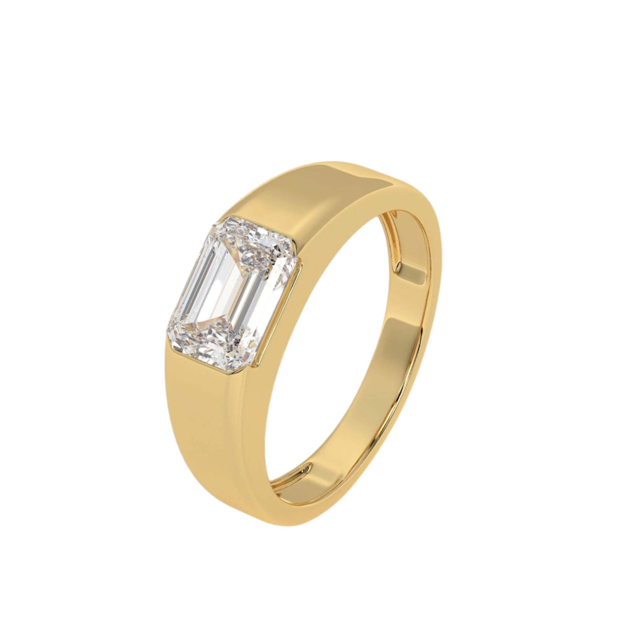 Angled side view of MYZA IGI Certified 2-Carat Emerald Cut Lab-Grown Diamond Men’s Ring in 18K yellow gold, showcasing the detailed band and the prominent emerald cut diamond setting. This luxurious men’s diamond ring highlights modern design and exceptional craftsmanship.