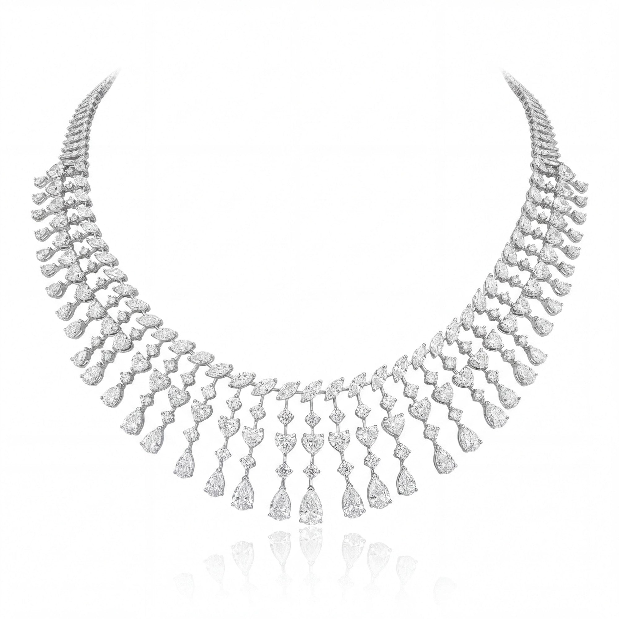 The MYZA Cascade Necklace is a feat of precision engineering and ethical brilliance. Boasting a substantial 33 carats of MYZA Certified diamonds, the design is centered around a "fringe" aesthetic that balances classic royalty with contemporary flair