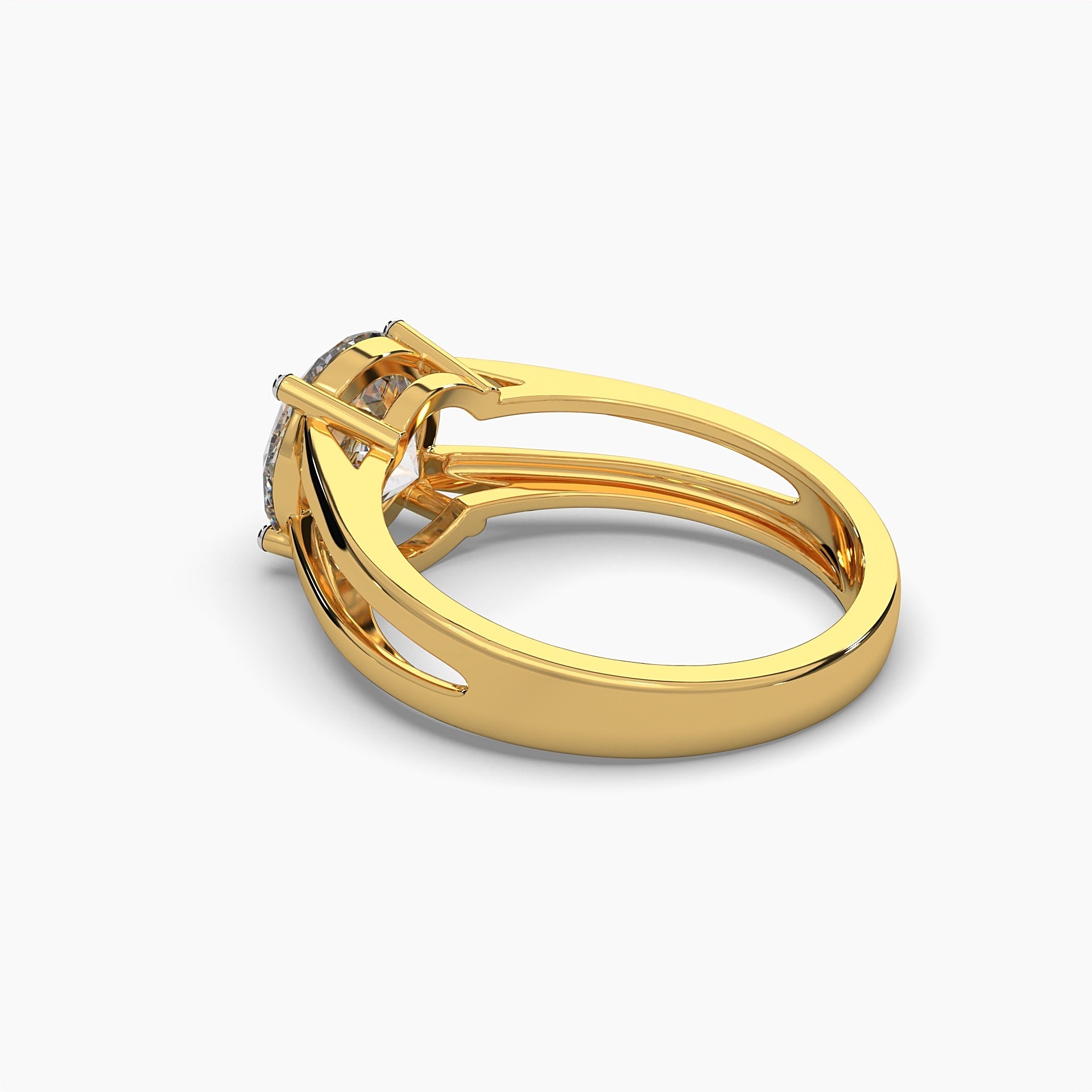 Side back view of MYZA’s 3-carat dual band ring featuring IGI certified lab-grown diamonds set in 18K hallmark gold. This angle showcases the smooth profile and seamless connection of the dual bands, highlighting the refined craftsmanship and sustainable luxury of the ring.