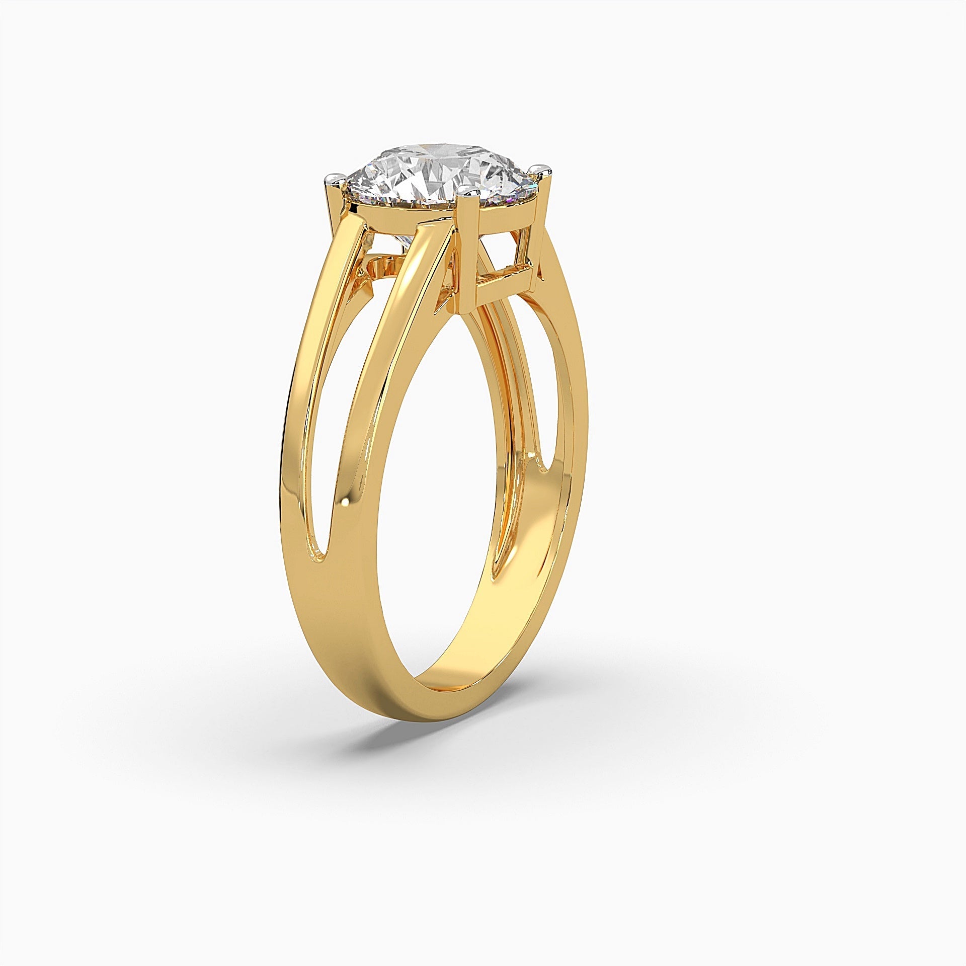 Side view of MYZA’s 3-carat dual band ring with IGI certified lab-grown diamonds set in 18K hallmark gold. This angle emphasizes the ring’s elegant profile and the seamless connection of the dual bands, showcasing the modern design and the sustainable brilliance of the lab-grown diamonds.