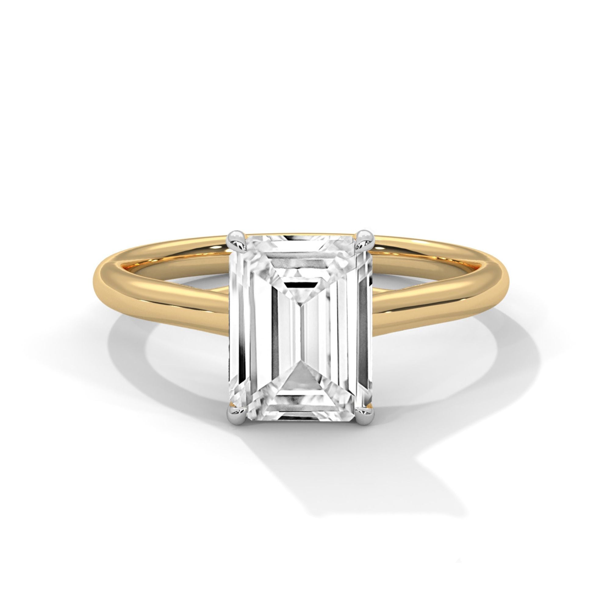 Front view of MYZA Diamonds' 3 carat emerald cut lab-grown diamond classic band ring in 18K hallmark gold. This luxurious and sustainable design features a brilliant lab-grown diamond, making it the perfect choice for an elegant engagement or wedding ring.