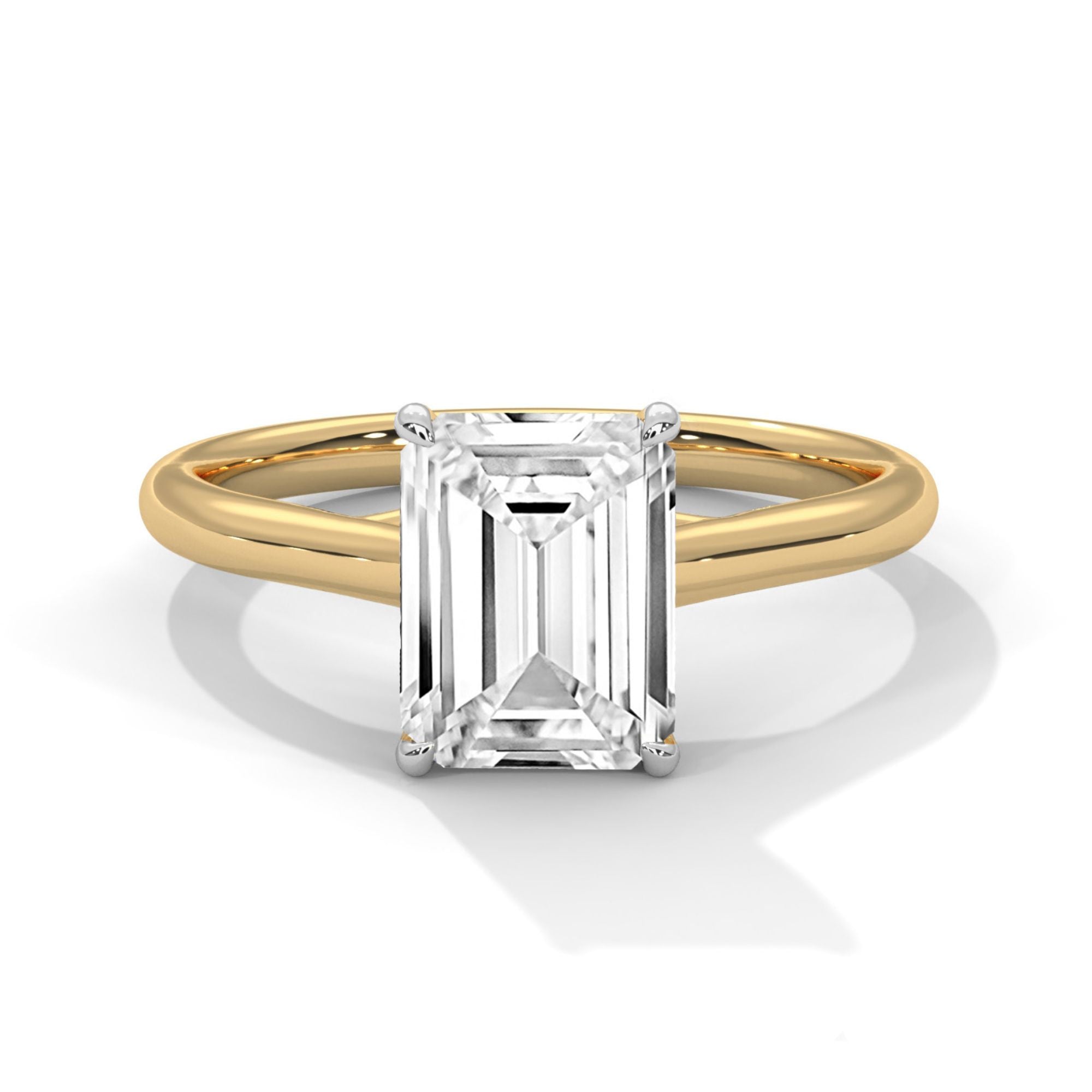 Front view of MYZA Diamonds' 4 carat emerald cut lab-grown diamond classic band ring in 18K hallmark gold. This strikingly elegant design showcases a large, brilliant lab-grown diamond, offering a sustainable and luxurious option for engagement or wedding rings.