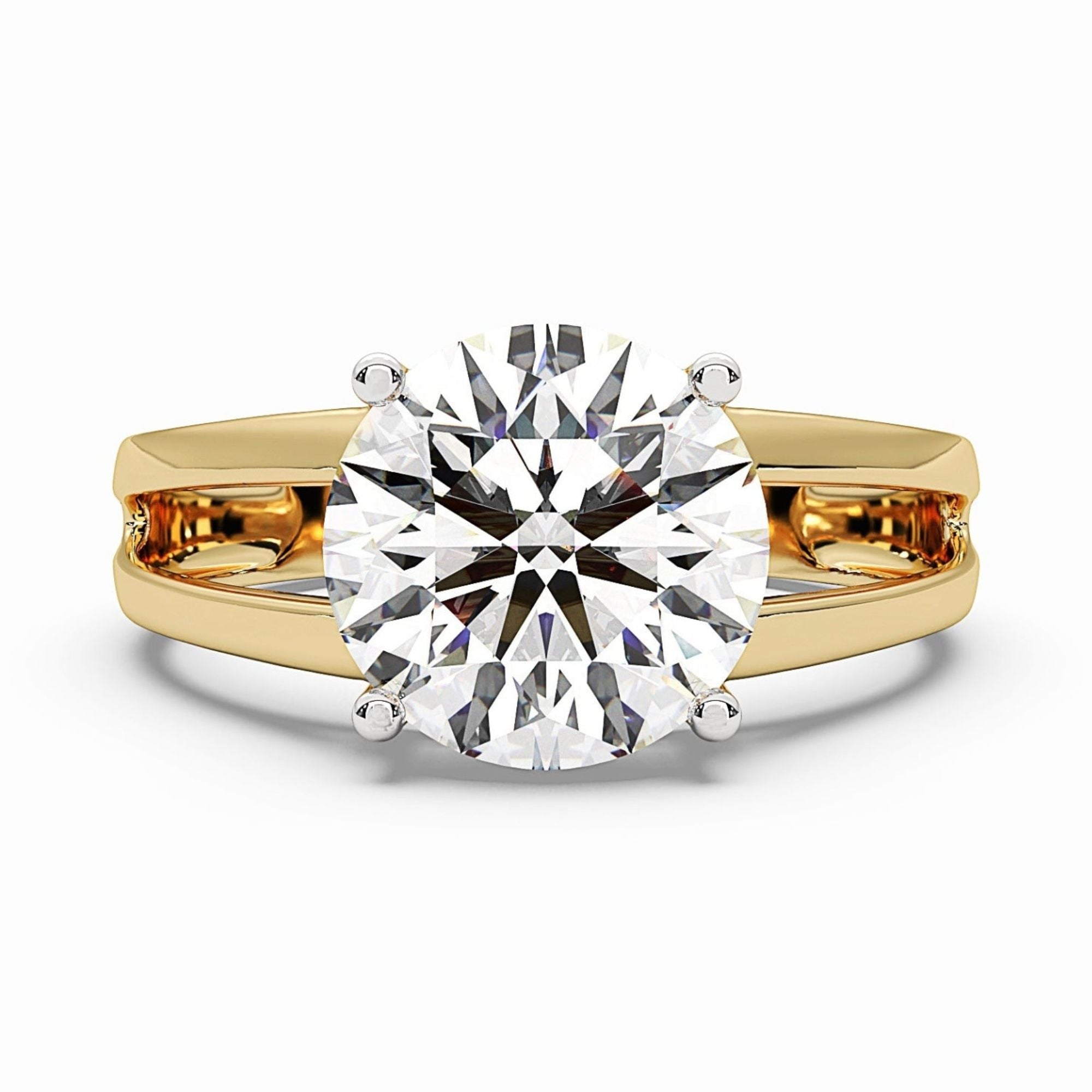 Front view of MYZA’s 5-carat dual band ring featuring IGI certified lab-grown diamonds set in 18K hallmark gold. This angle highlights the brilliant sparkle of the diamonds, emphasizing the elegant dual-band design and the luxurious, sustainable craftsmanship of the ring.