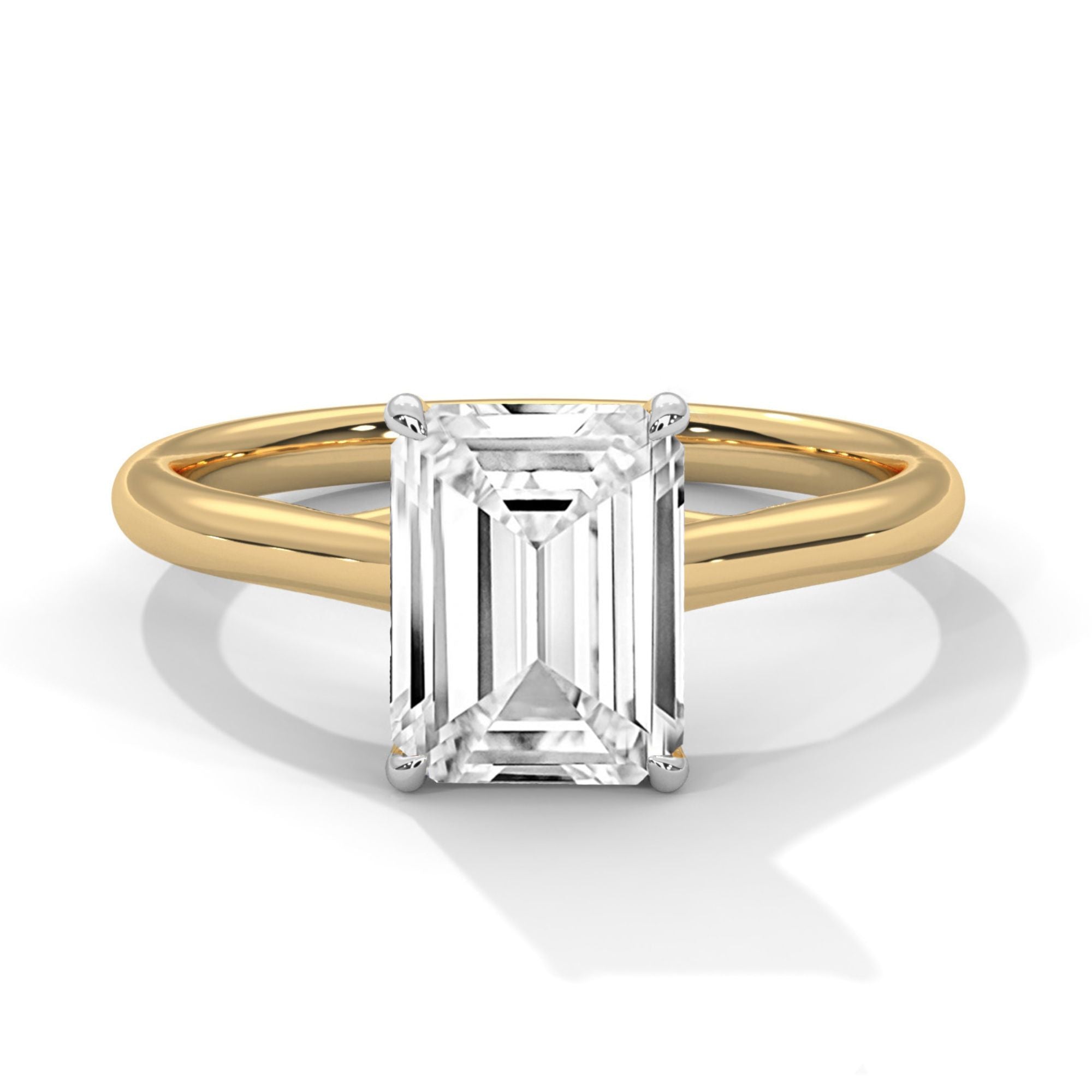 Front view of MYZA Diamonds' 5 carat emerald cut lab-grown diamond classic band ring in 18K hallmark gold. This breathtaking ring features a large, brilliant lab-grown diamond, offering a sustainable, luxurious choice for an engagement or wedding ring.