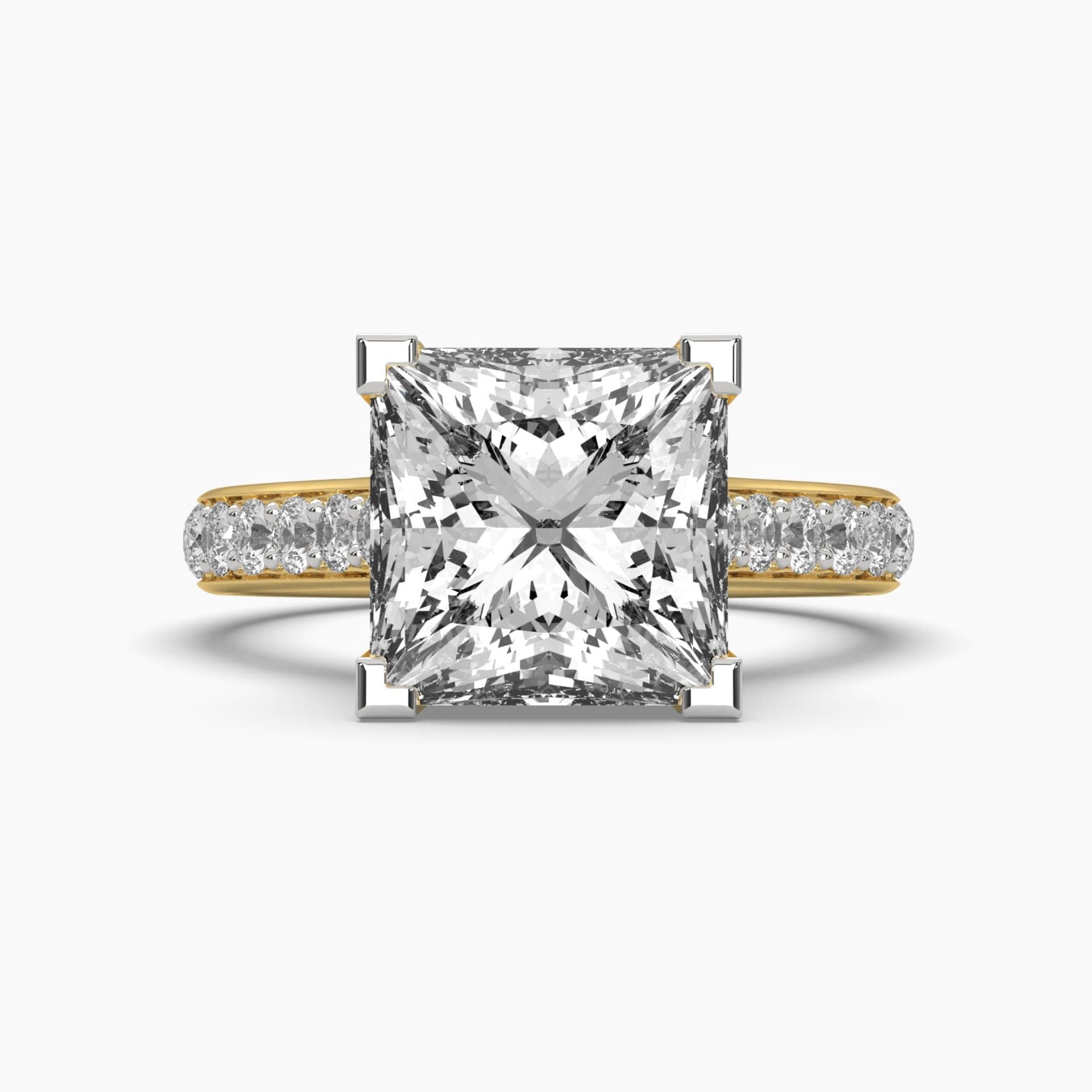 Front view of MYZA’s 5-carat eternity band with princess cut lab-grown diamonds set in 18K hallmark gold. This angle highlights the stunning brilliance of the square-cut diamonds, showcasing the ring's luxurious design and sustainable craftsmanship, ideal for a timeless, elegant look.