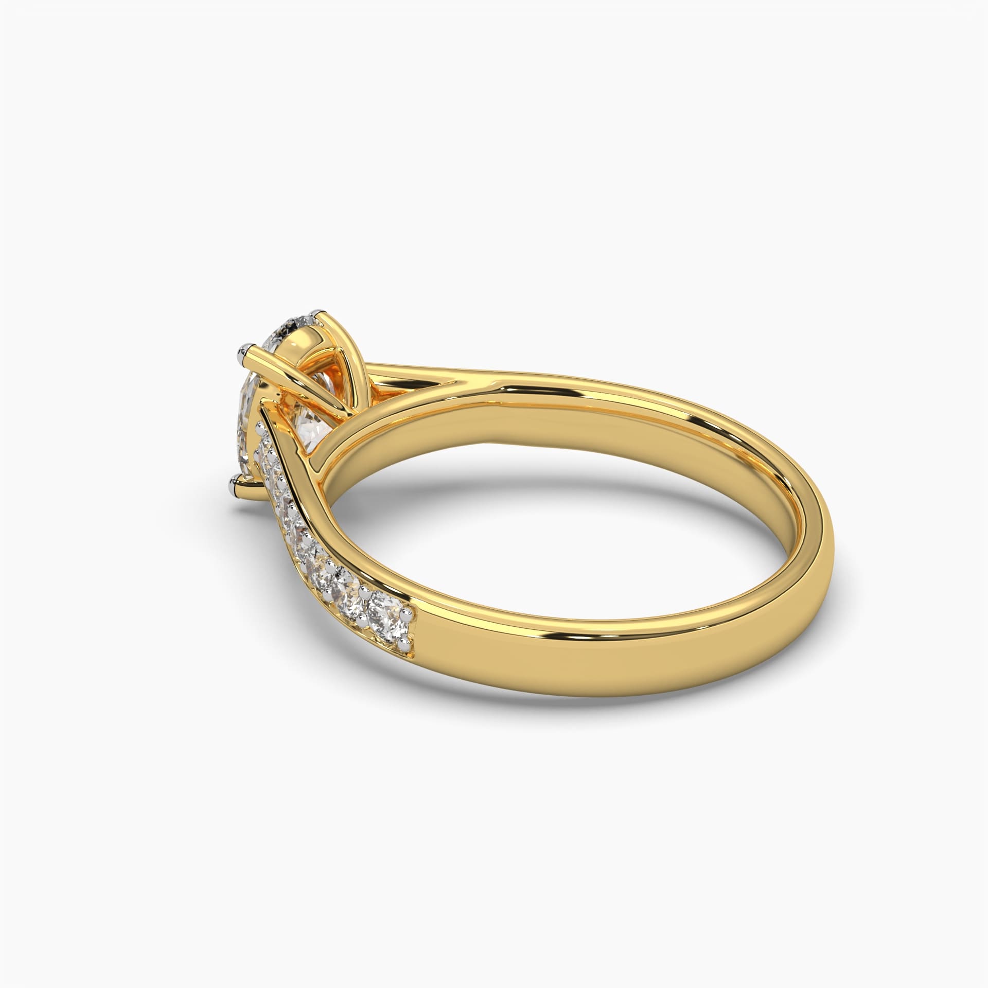 Back side view of MYZA Diamonds' 1-carat oval cut lab-grown diamond ring in 18K hallmark gold. This perspective highlights the smooth inner band, the precise setting of the oval cut diamond, and the attention to detail in the craftsmanship, offering a sustainable yet luxurious choice for engagement or wedding rings.