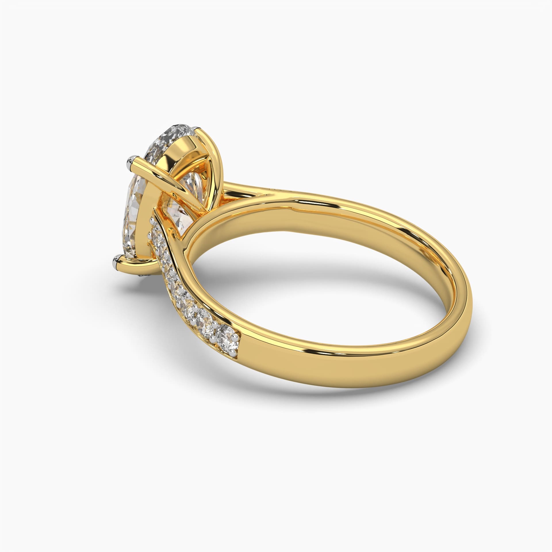 Back side view of MYZA Diamonds' 3-carat oval cut lab-grown diamond ring in 18K hallmark gold. This angle highlights the smooth inner band and secure diamond setting, showcasing the expert craftsmanship and sustainable luxury of the ring, ideal for engagement or wedding wear.