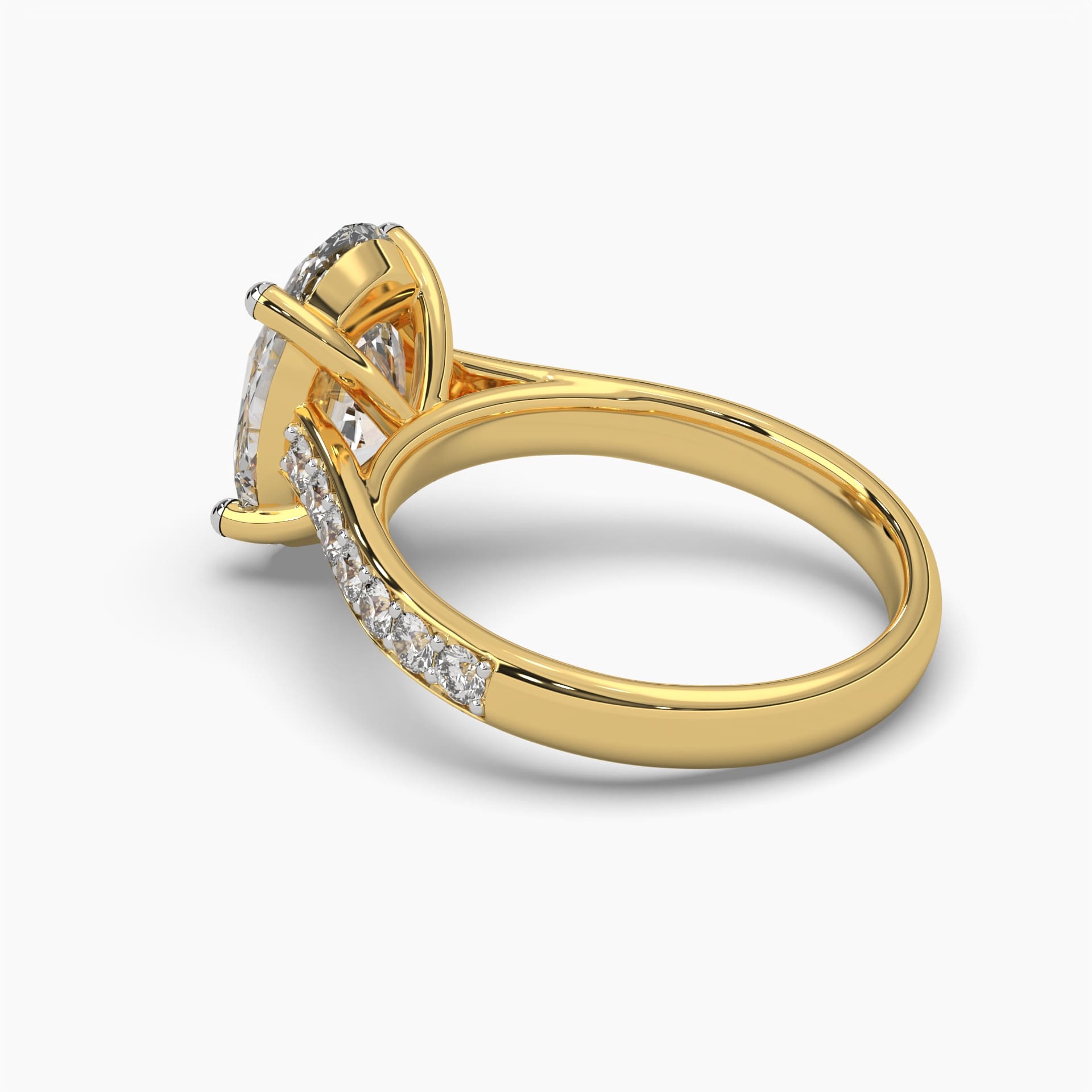 Back side view of MYZA Diamonds' 5-carat oval cut lab-grown diamond ring in 18K hallmark gold. This angle highlights the smooth inner band and secure prong setting, showcasing the sustainable craftsmanship and attention to detail that defines this luxurious engagement or wedding ring.