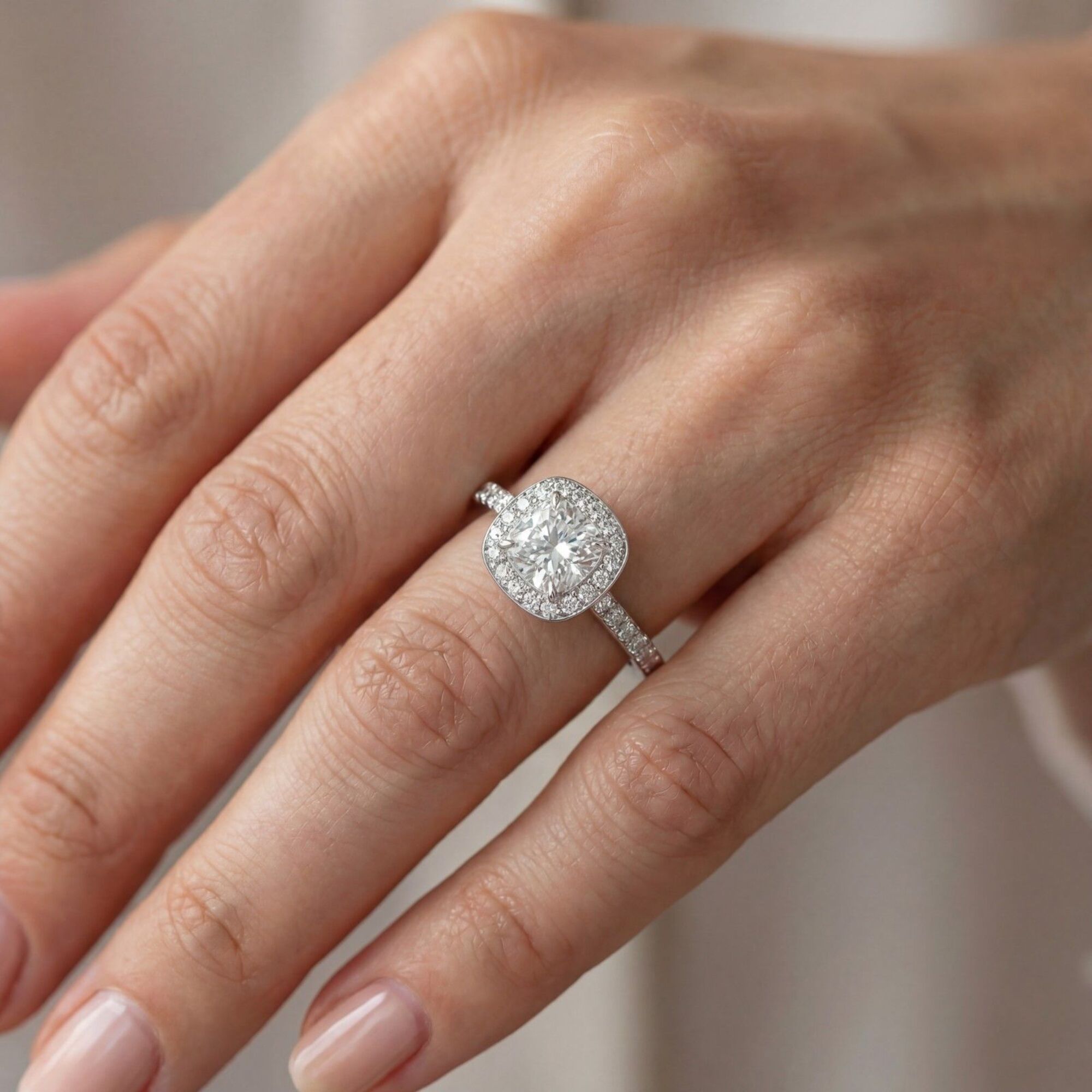 2.13 Carat MYZA IGI Certified Cushion Cut Lab-Grown Diamond Milgrain Ring in 18K Hallmarked White Gold