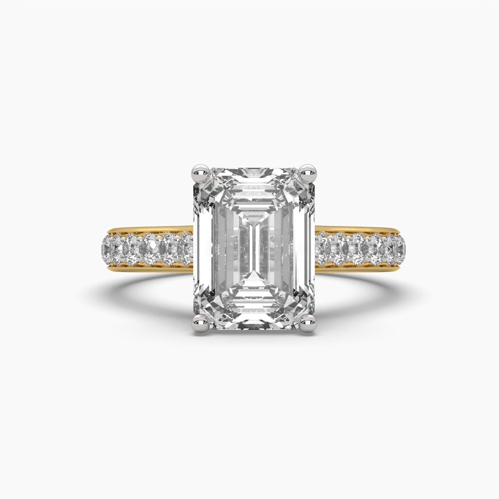 Front view of MYZA Diamonds' 3-carat eternity band emerald cut lab-grown diamond ring in 18K hallmark gold. This image showcases the continuous row of emerald cut diamonds, reflecting brilliance and elegance, highlighting the luxurious and sustainable design, perfect for engagement or wedding rings.