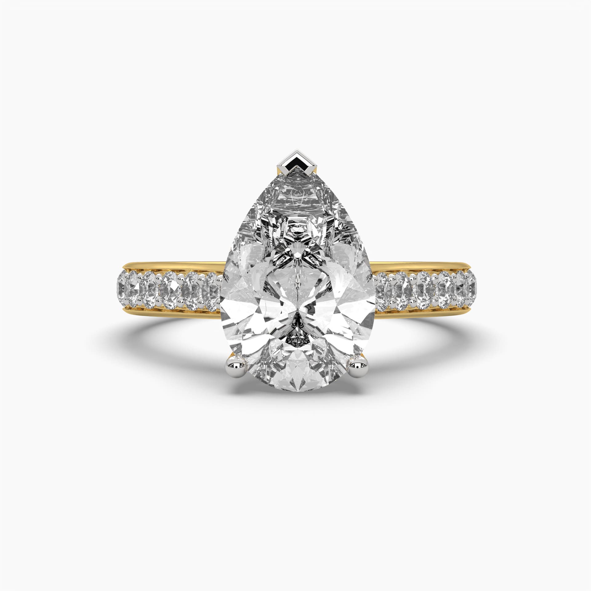 Front view of MYZA Diamonds' 3-carat eternity band featuring pear cut lab-grown diamonds in 18K hallmark gold. This angle showcases the continuous row of pear-shaped diamonds, highlighting the stunning brilliance and timeless elegance of the ring, perfect for an engagement or special occasion.