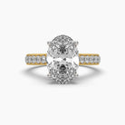 Front view of MYZA Diamonds' 3-carat oval cut lab-grown diamond ring in 18K hallmark gold. The image captures the stunning brilliance of the 3-carat oval cut diamond, showcasing the luxurious setting and sustainable design, ideal for an engagement or wedding ring with timeless elegance.