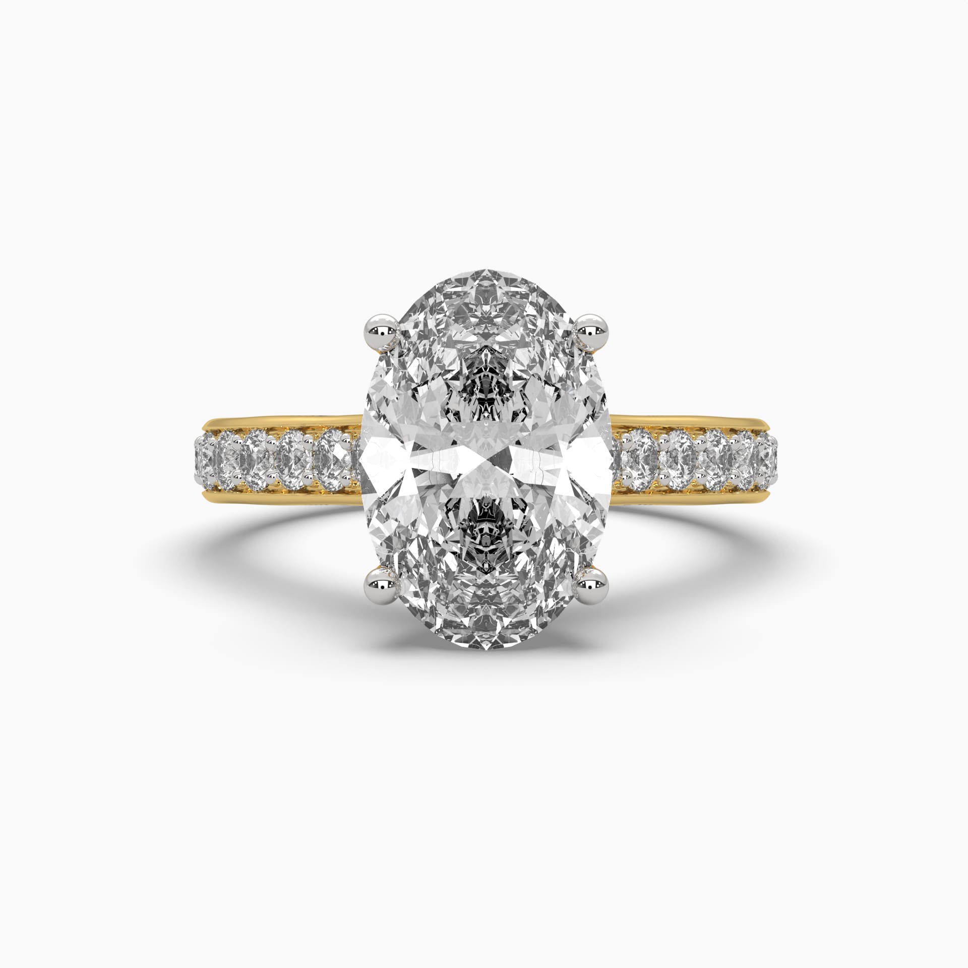 Front view of MYZA Diamonds' 3-carat oval cut lab-grown diamond ring in 18K hallmark gold. The image captures the stunning brilliance of the 3-carat oval cut diamond, showcasing the luxurious setting and sustainable design, ideal for an engagement or wedding ring with timeless elegance.