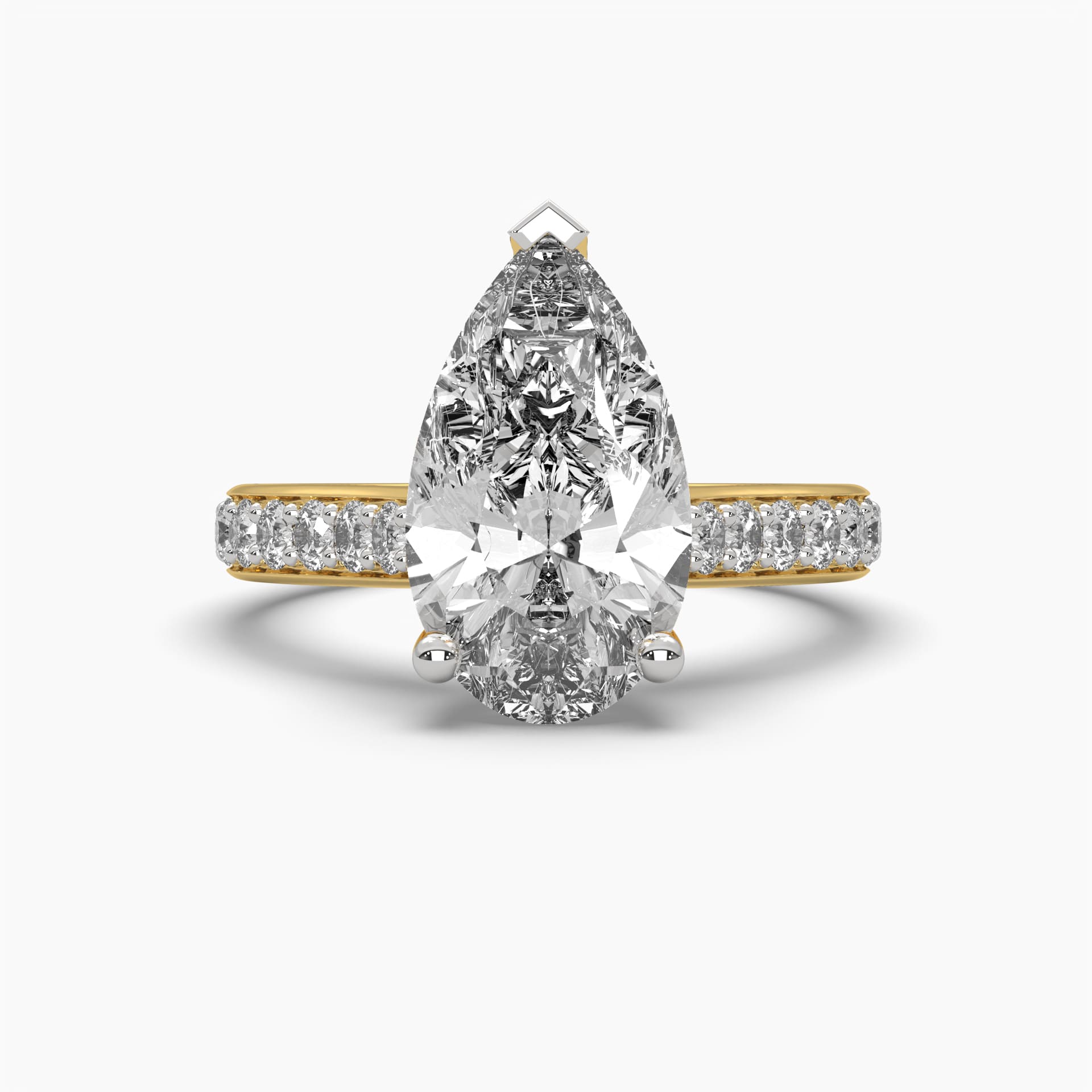 Front view of MYZA Diamonds' 4-carat eternity band with pear cut lab-grown diamonds in 18K hallmark gold. This angle showcases the stunning brilliance of the pear-shaped diamonds, encircling the band in a continuous design, highlighting the ring's elegant, timeless beauty, perfect for engagements or special occasions.