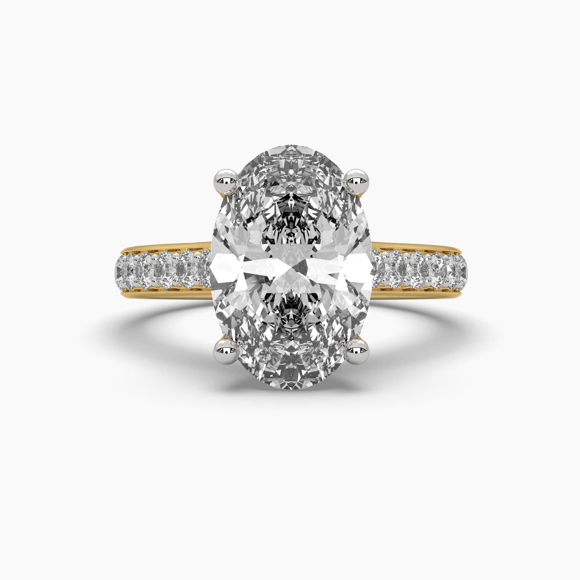 Front view of MYZA Diamonds' 4-carat oval cut lab-grown diamond ring in 18K hallmark gold. This angle highlights the impressive size and brilliance of the 4-carat oval diamond, showcasing its luxurious setting and sustainable craftsmanship, perfect for a bold engagement or wedding ring.