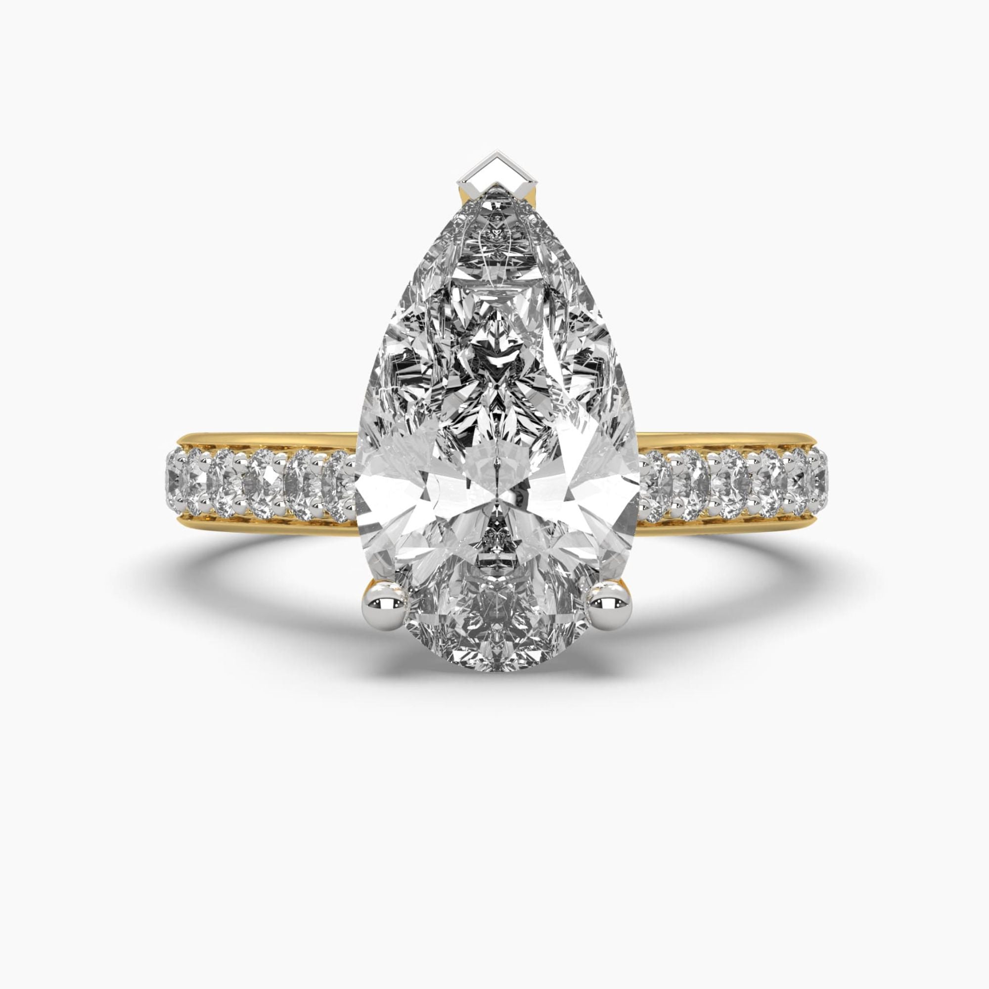 Front view of MYZA Diamonds' 5-carat eternity band featuring pear cut lab-grown diamonds set in 18K hallmark gold. This angle highlights the continuous array of pear-shaped diamonds, showcasing the brilliance and luxurious design of the ring, ideal for engagements, weddings, or special occasions with a focus on timeless elegance and sustainable craftsmanship.