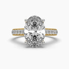 Front view of MYZA Diamonds' 5-carat oval cut lab-grown diamond ring in 18K hallmark gold. This angle showcases the impressive size and sparkle of the 5-carat oval diamond, highlighting its luxurious design and sustainable craftsmanship, perfect for a bold engagement or statement ring.