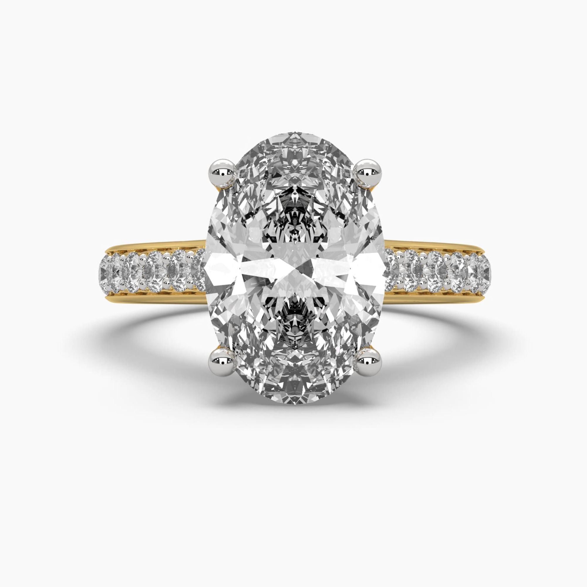 Front view of MYZA Diamonds' 5-carat oval cut lab-grown diamond ring in 18K hallmark gold. This angle showcases the impressive size and sparkle of the 5-carat oval diamond, highlighting its luxurious design and sustainable craftsmanship, perfect for a bold engagement or statement ring.