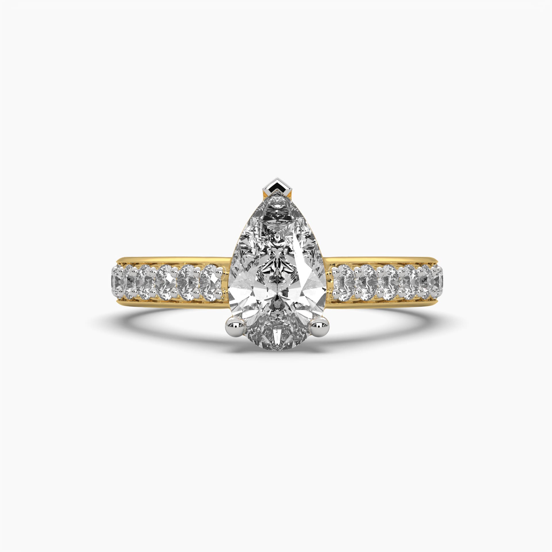 Front view of MYZA Diamonds' eternity band with pear cut lab-grown diamonds in 18K hallmark gold. This angle showcases the unique pear-shaped diamonds encircling the band, highlighting its elegant design, sustainable luxury, and sparkling brilliance, perfect for a refined engagement or wedding ring.