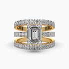 Close-up view of each of the three emerald cut lab-grown diamond stacking rings in 18K hallmark gold, worn separately. Each ring features a brilliant lab-grown diamond, offering a luxurious and customizable style, perfect for creating a unique, elegant look for any occasion.