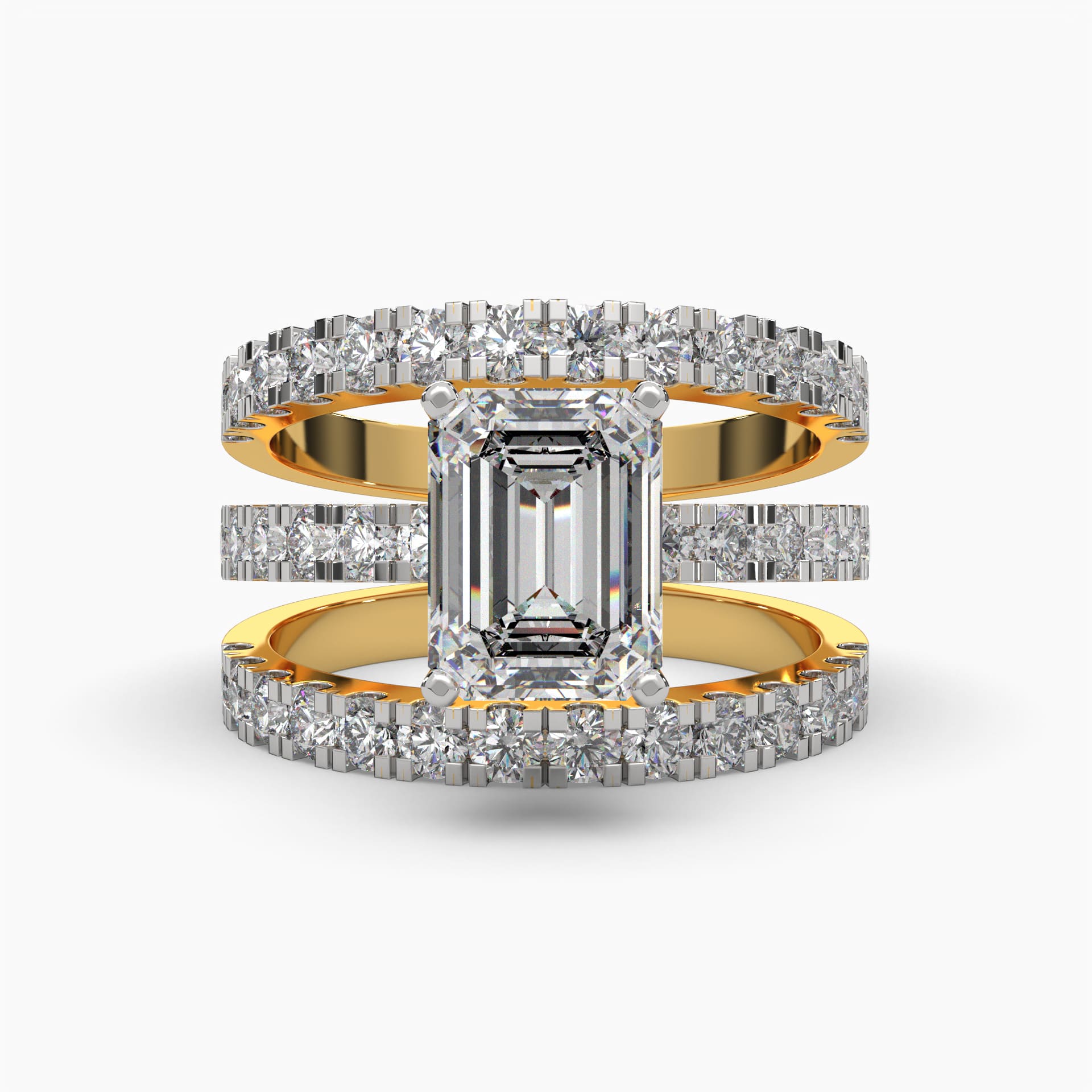 Close-up view of each of the three emerald cut lab-grown diamond stacking rings in 18K hallmark gold, worn separately. Each ring features a brilliant lab-grown diamond, offering a luxurious and customizable style, perfect for creating a unique, elegant look for any occasion.