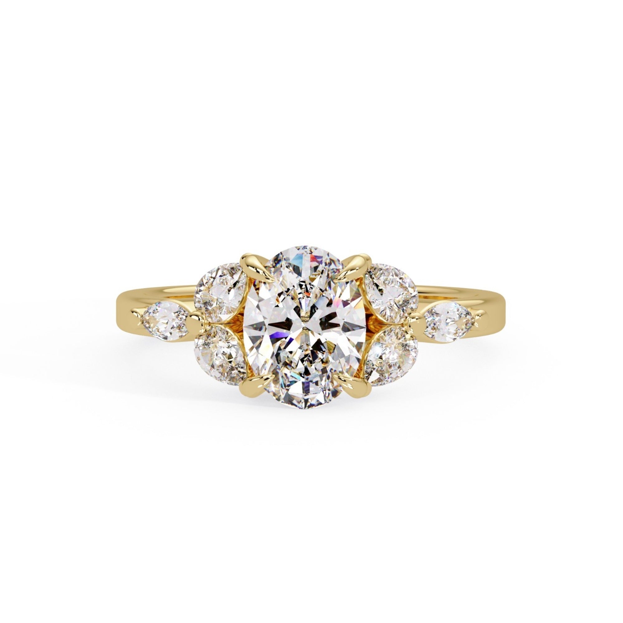 Buy MYZA 1 Ct IGI Certified Oval Lab-Grown Diamond Ring in 18K Hallmarked Gold with Pear & Marquise side diamonds. Ethical luxury. Shop now.