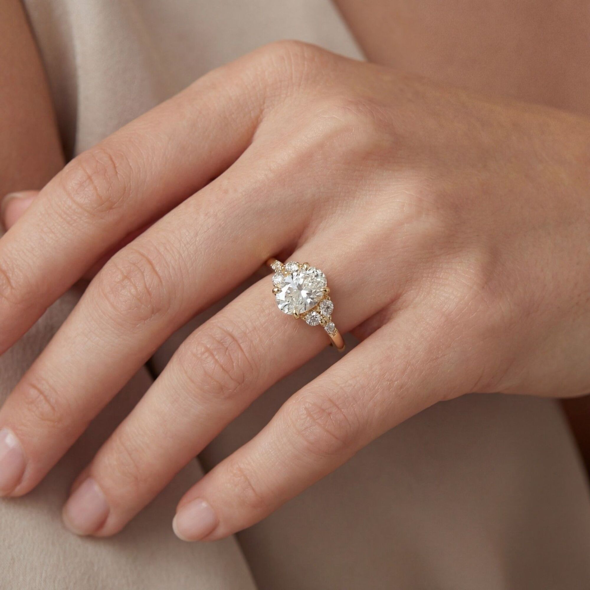 Buy MYZA 1 Ct IGI Certified Oval Lab-Grown Diamond Ring in 18K Hallmarked Gold with Pear & Marquise side diamonds. Ethical luxury. Shop now.
