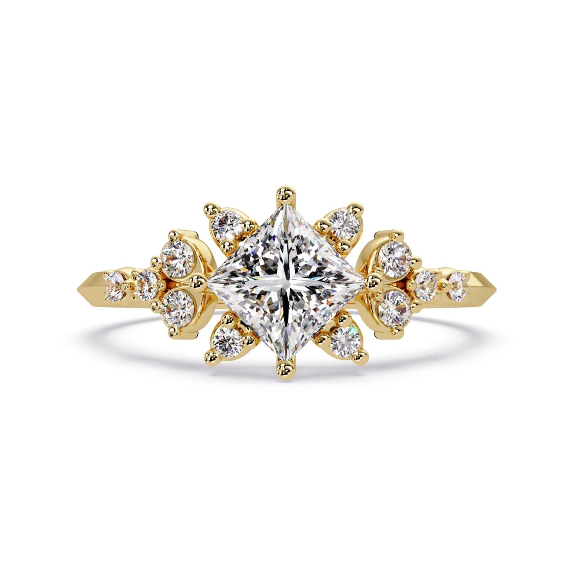 Shop MYZA's 1.24 Ct IGI Certified Princess Cut Lab-Grown Diamond Engagement Ring in 18K Hallmarked Gold with side diamonds. Ethical luxury, certified brilliance.