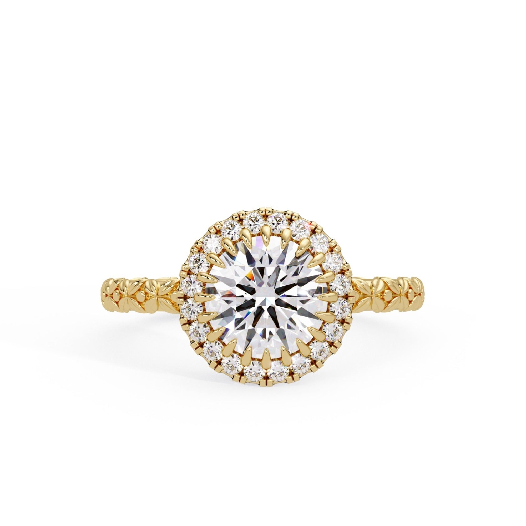 Shop MYZA 2 Carat IGI Certified Round Brilliant Lab-Grown Diamond Halo Ring in 18K Hallmarked Gold with 20 side diamonds. Ethical luxury. Free shipping.