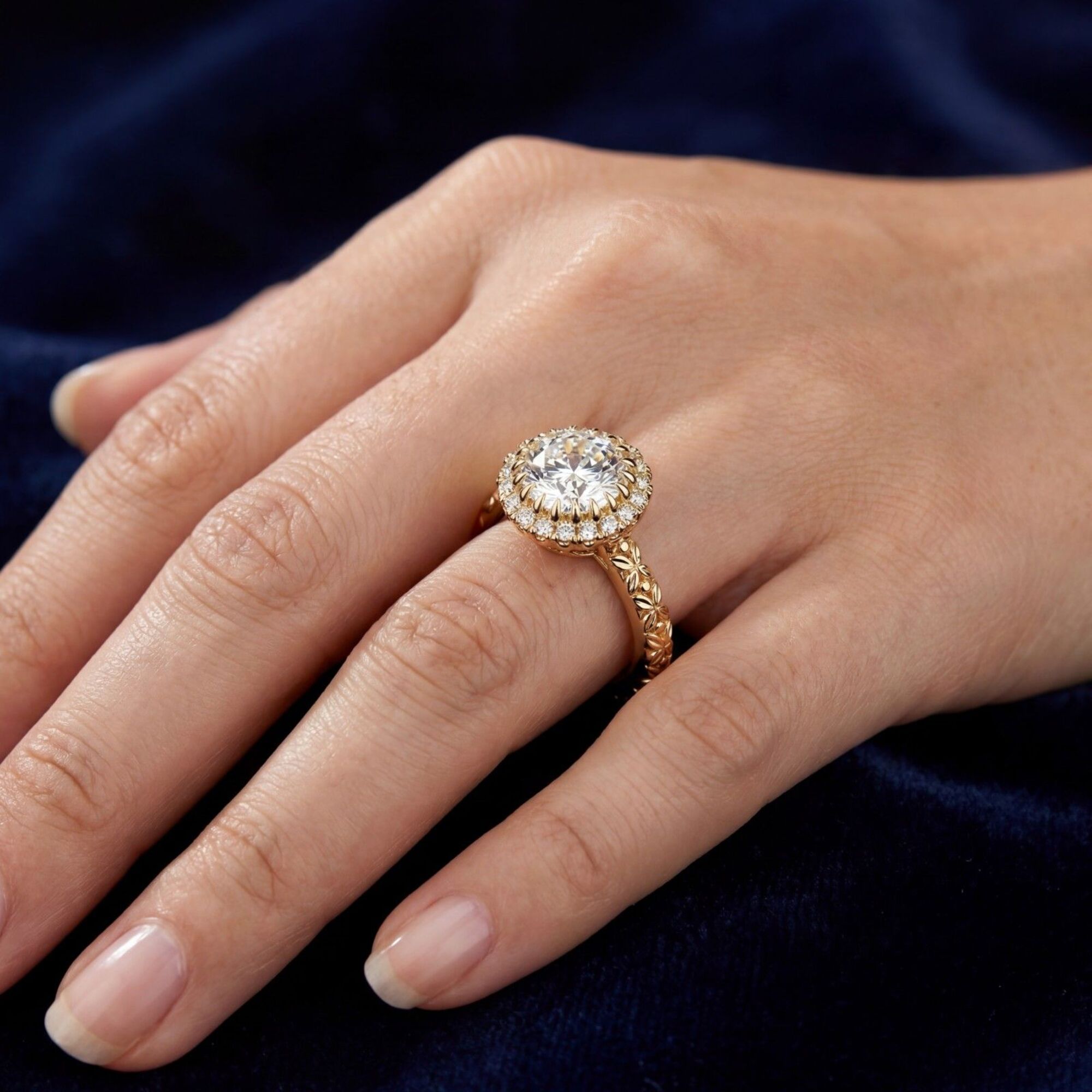 Shop MYZA 2 Carat IGI Certified Round Brilliant Lab-Grown Diamond Halo Ring in 18K Hallmarked Gold with 20 side diamonds. Ethical luxury. Free shipping.