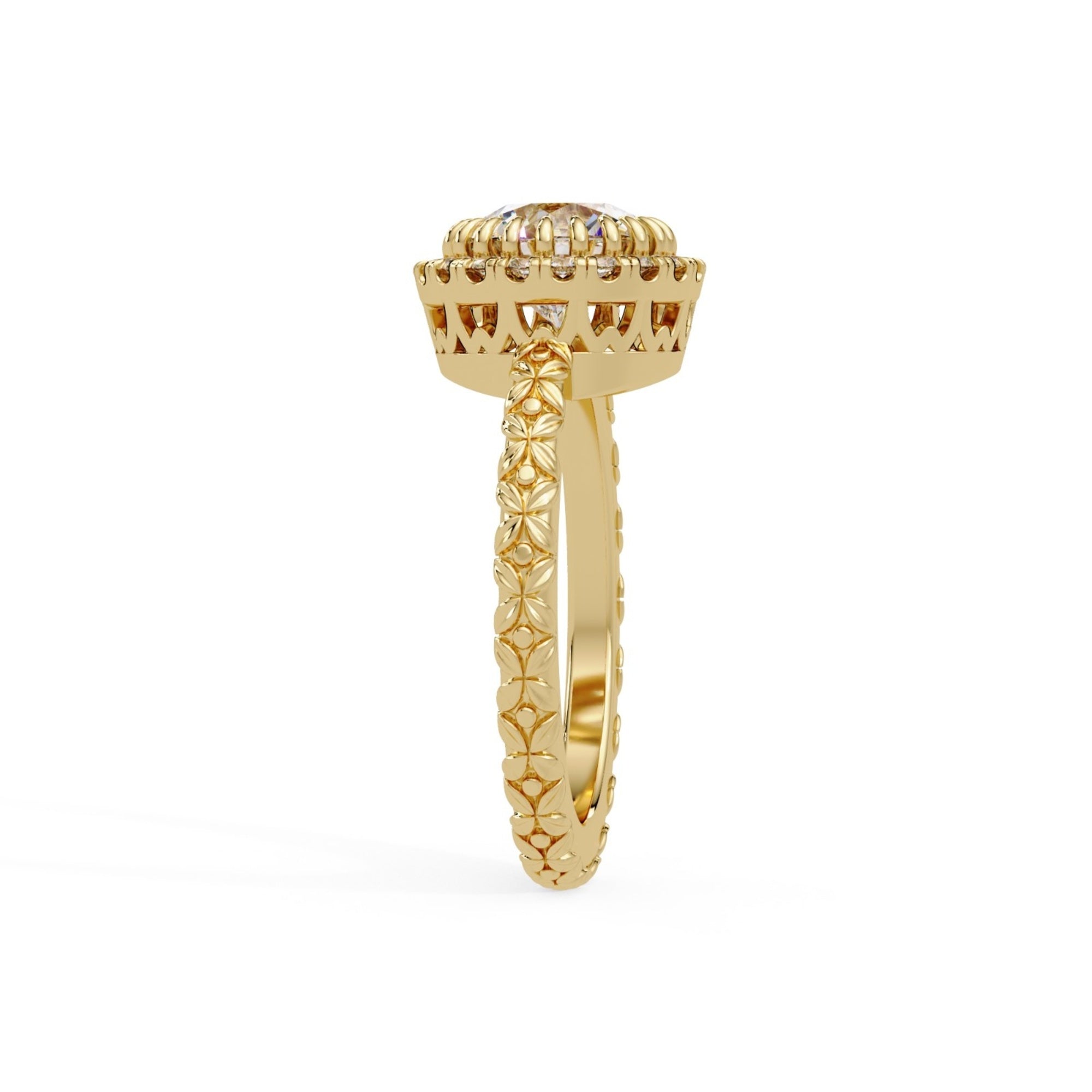 Shop MYZA 2 Carat IGI Certified Round Brilliant Lab-Grown Diamond Halo Ring in 18K Hallmarked Gold with 20 side diamonds. Ethical luxury. Free shipping.