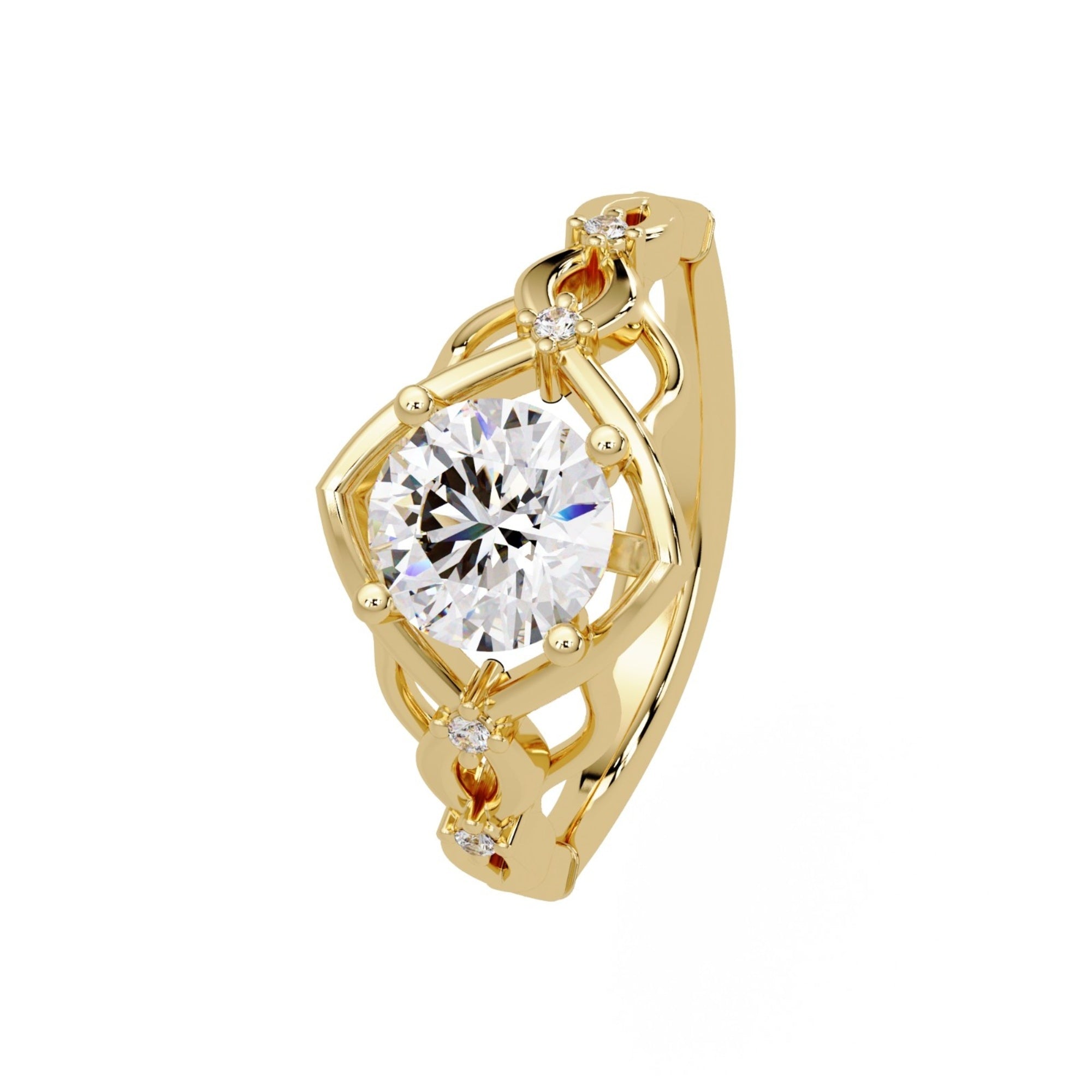 Shop MYZA's 1 Carat IGI Certified Brilliant Cut Lab-Grown Diamond Celtic Knot Ring in 18K Hallmarked Gold with 4 side diamonds. Ethical luxury, BIS hallmarked.