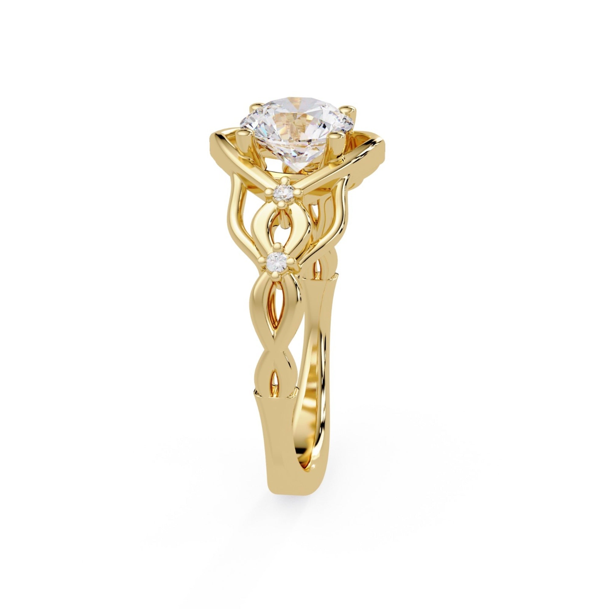 Shop MYZA's 1 Carat IGI Certified Brilliant Cut Lab-Grown Diamond Celtic Knot Ring in 18K Hallmarked Gold with 4 side diamonds. Ethical luxury, BIS hallmarked.