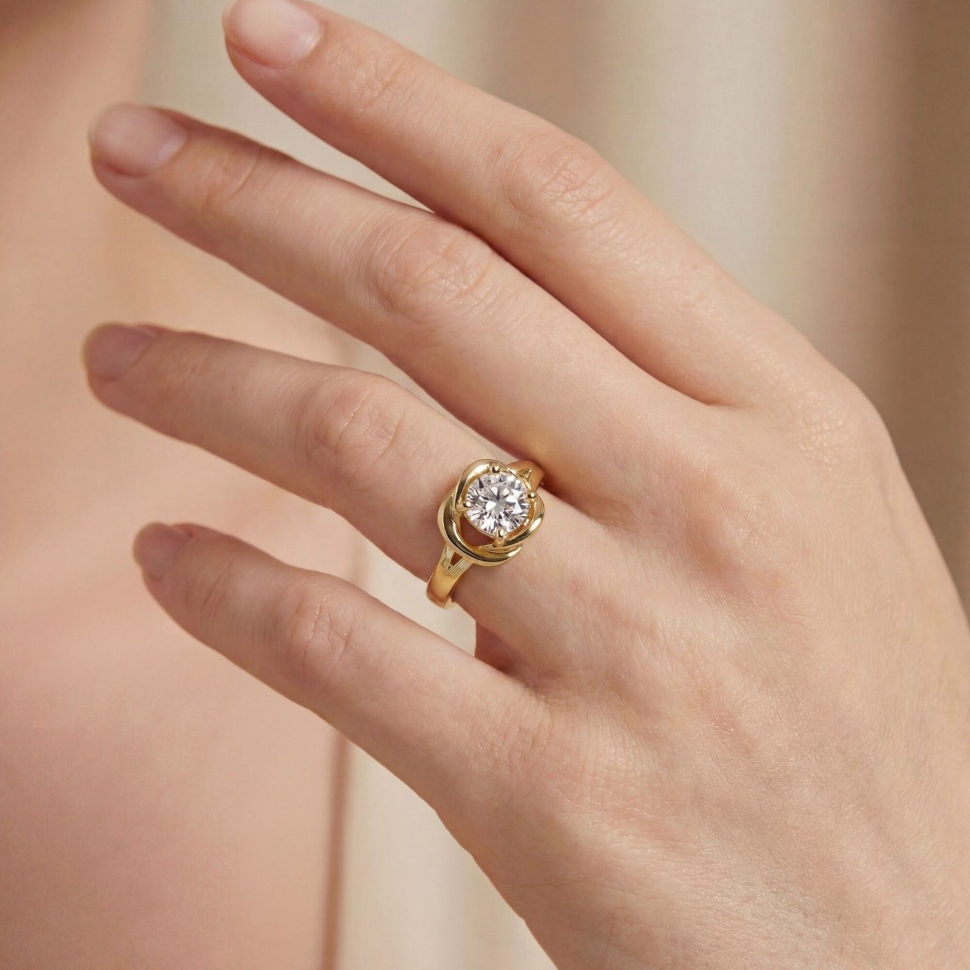 Shop MYZA's 1 Carat IGI Certified Round Brilliant Lab-Grown Diamond Infinity Knot Ring in 18K BIS Hallmarked Gold. Ethical luxury, certified brilliance.